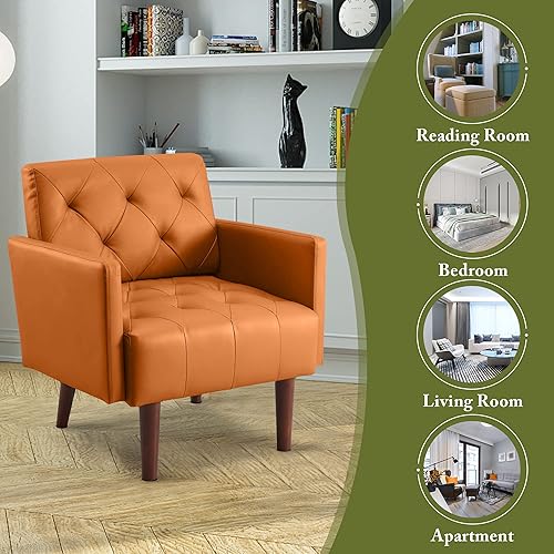 Miniatura 4 de Faux Leather Accent Chair Modern PU Armchair, Retro Tufted Upholstered Arm Chair, Comfy Leather Club Chair Single Sofa for Living Room, Bedroom,