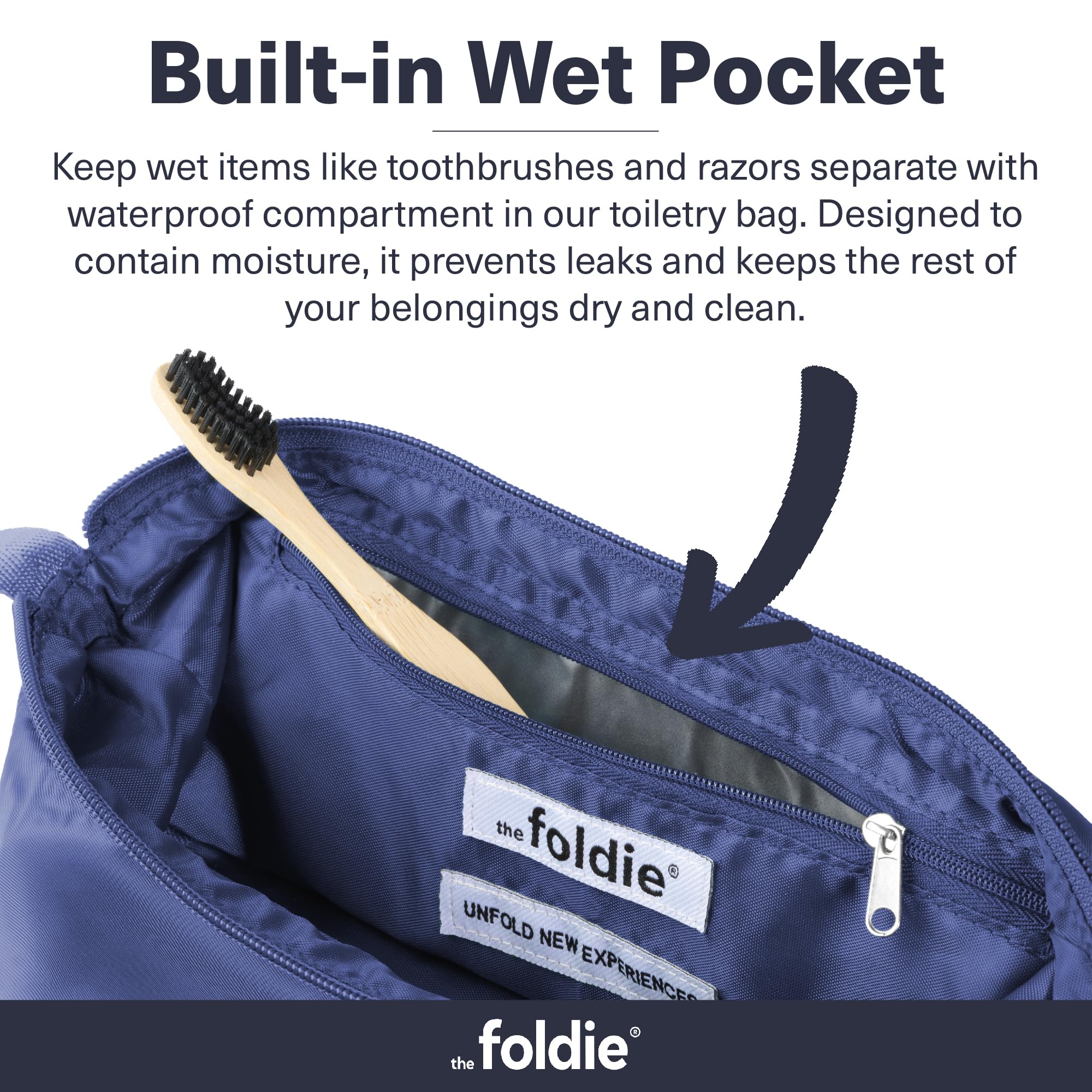 The Foldie® Neceser de viaje para hombres y mujeres, repelente al agua, lavable a máquina, organizador de maquillaje y cosméticos con múltiples compartimentos, Azul
