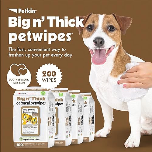 Miniatura 2 de Petkin Toallitas grandes de avena para mascotas para perros y gatos, 400 unidades, alivia la picazón en la piel y limpia las orejas, la cara, los
