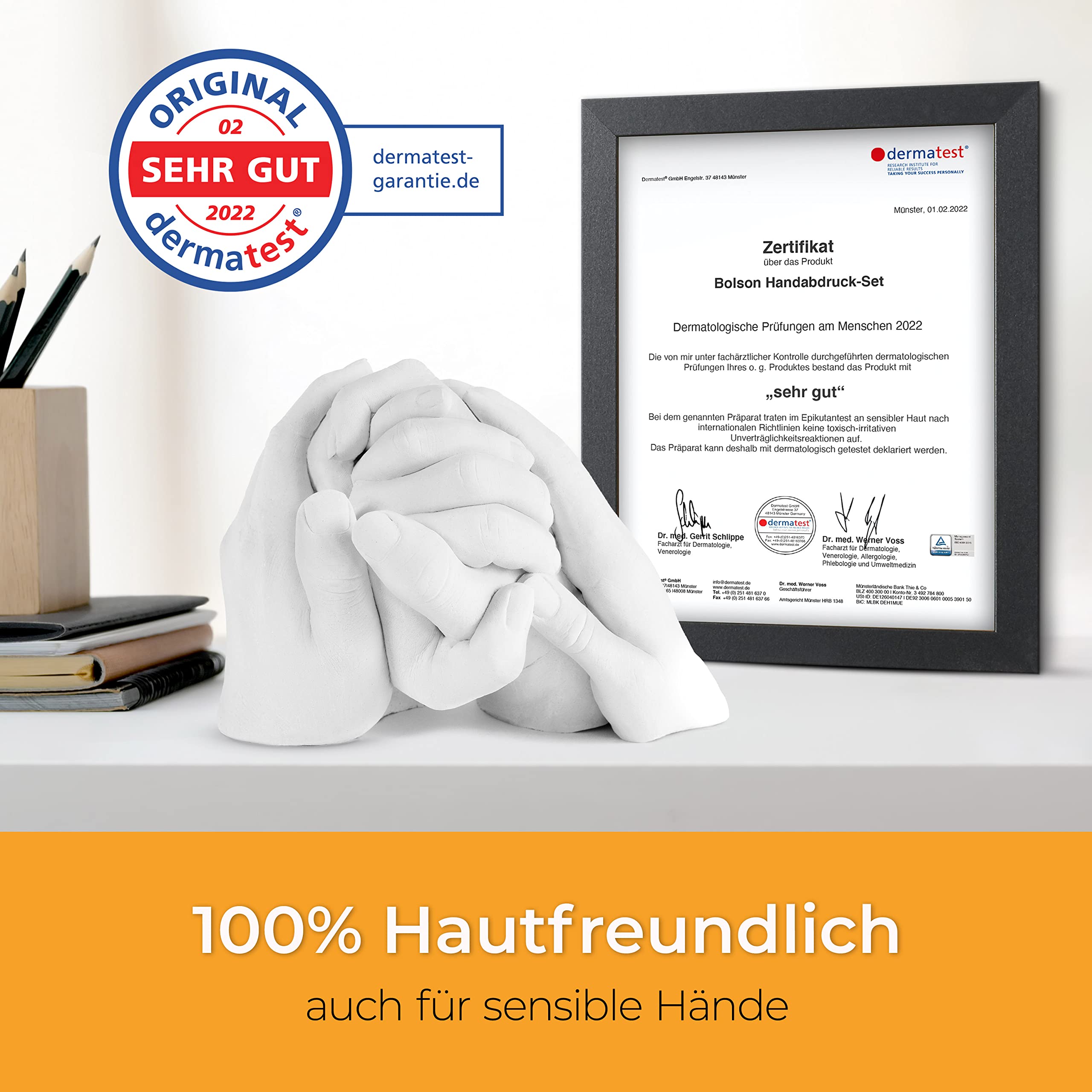 Bolson 3D XXL Handabdruck Set für Familie & Freunde - detailgetreues Gipsabdruckset - Set für 4 Hände mit GRATIS Klarlack & Pinsel - Super Geschenkidee zum Hochzeitstag, Jahrestag, Geburtstag