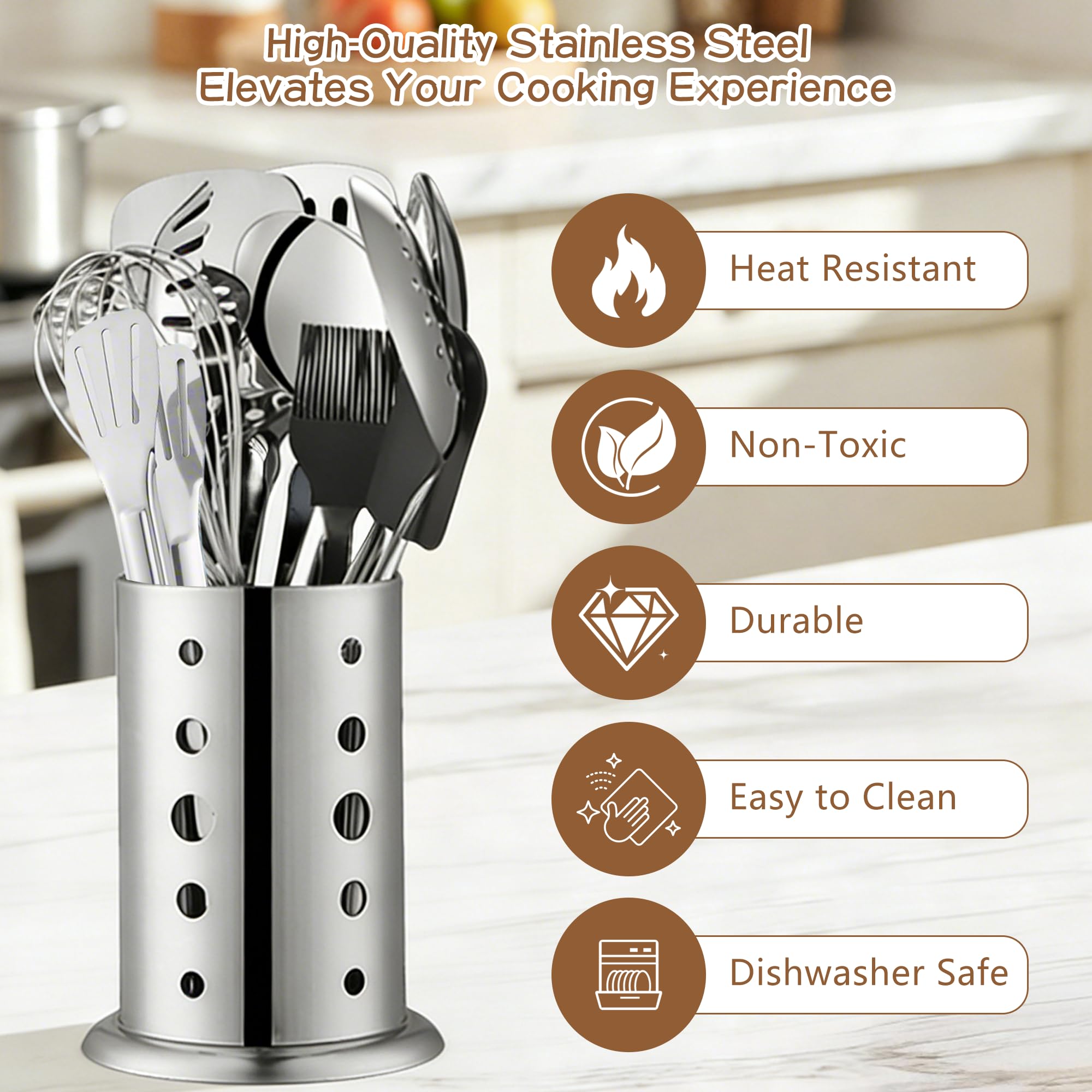 Lot de 18 Ustensile de Cuisine en Acier Inoxydable, Avec Spatule, Louche, Pelle, Spatule Fendue, Passoire, Fourchette à Viande, Cuillère à huile, Batte à œufs, Presse-Purée, Roulette à Pizza, Brosse