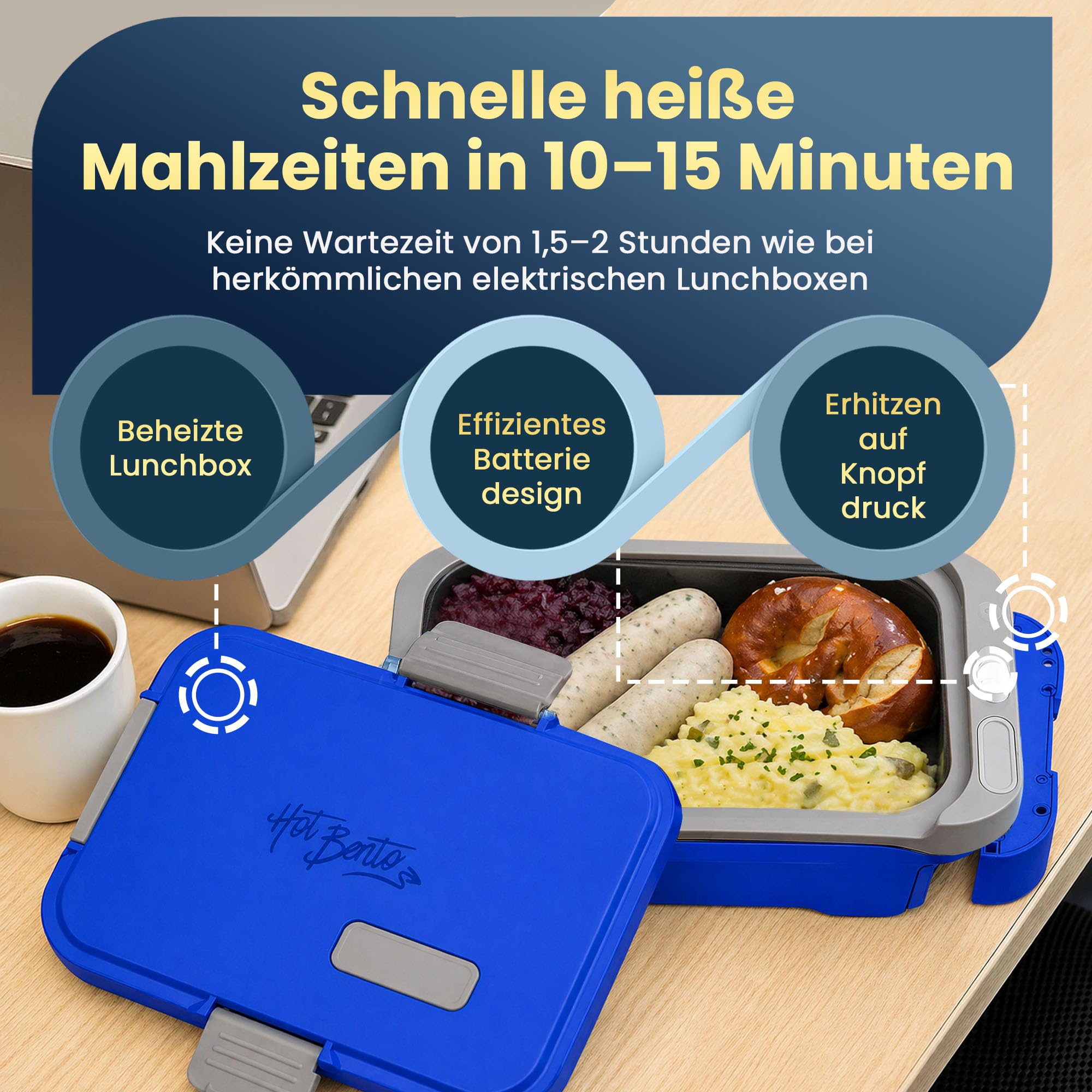 Hot Bento Plus – Elektrische Lunchbox mit Akku, Selbstheizend, Kabellos, Speisenwärmer, Aufladbare Elektrisch Beheizbare Lunchbox – Ozeanblau