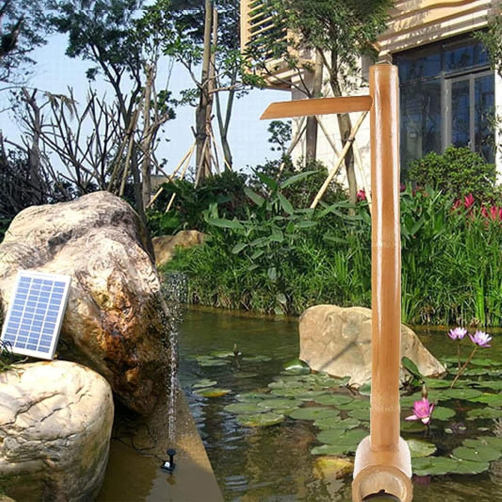Solarny zestaw fontanny bambusowej z pompką, funkcja wody Zen Feng Shui, płynna dekoracja do ogrodu, stawu, trawnika, akwarium