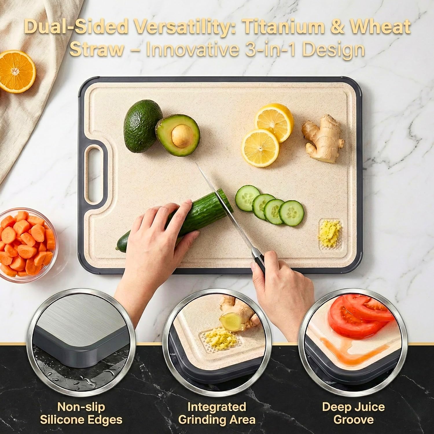 Titanium Cutting Board for Kitchen, 100% Pure Titanium & Wheat Straw Double-Sided, Food Grade Non-Toxic Dishwasher Safe, Scratch Resistant, 15.8"10.35", Juice Groove