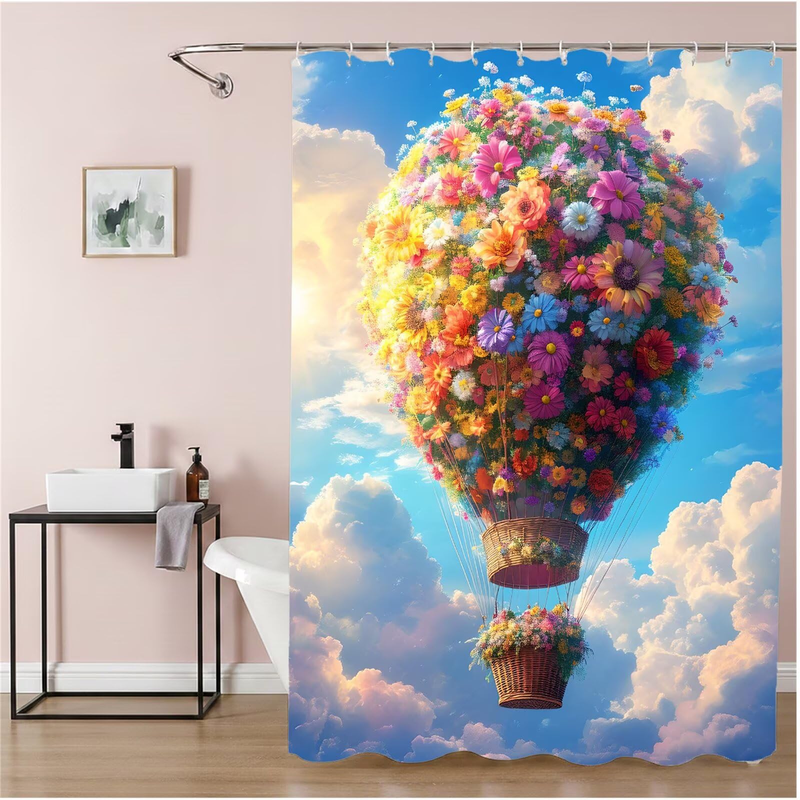 Duschvorhang 180x240 cm Blume Shower Curtains Heißluftballon mit Gewicht und 12 Haken, Anti Schimmel Wasserdicht, Waschbar Schnelltrocknender Polyester Stoff, Dekorative Vorhang für Badewanne 6H-263