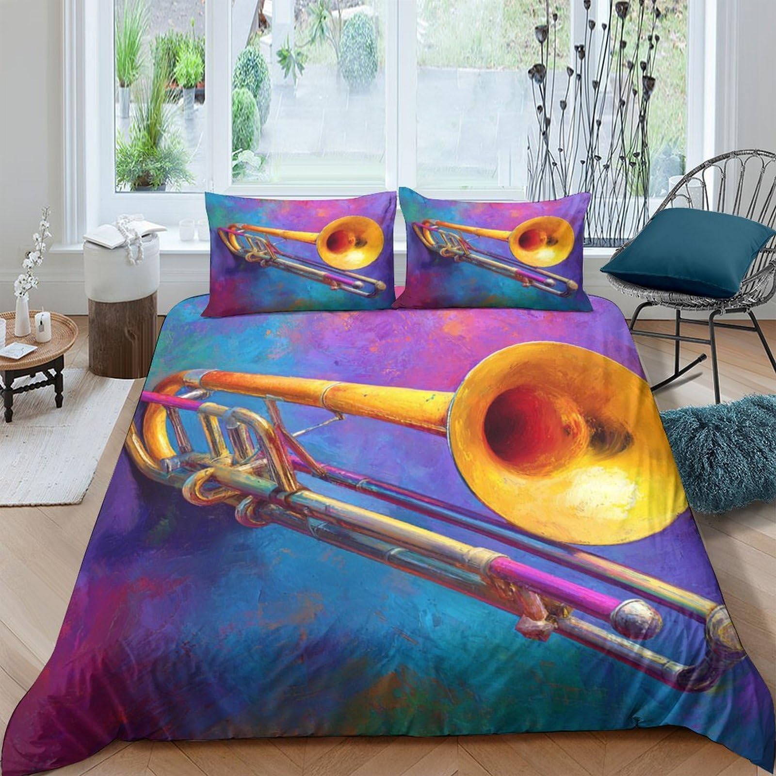Ctjqhvkz Style-10 3D Printed Brass Trombone Fitted Sheet Microfiber Colorful Jazz Music Bed Cover For Bedroom Dorm Mattress Decor Single（135X200cm）