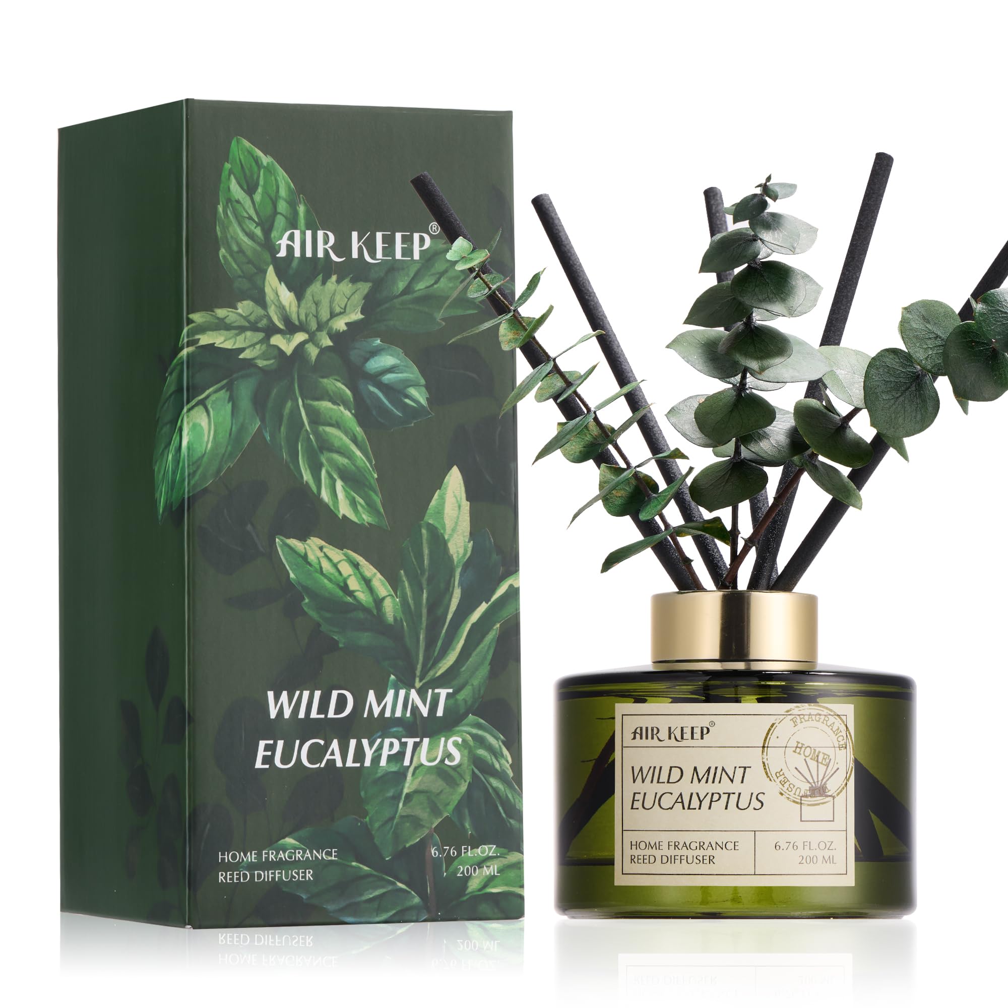 Airkeep Reed Diffuser, Wild Mint & Eucalyptus Scent with Diffuser Sticks & Decorative Eucalyptus Stems, Home Fragrance for Bedroom, Bathroom & Living Room