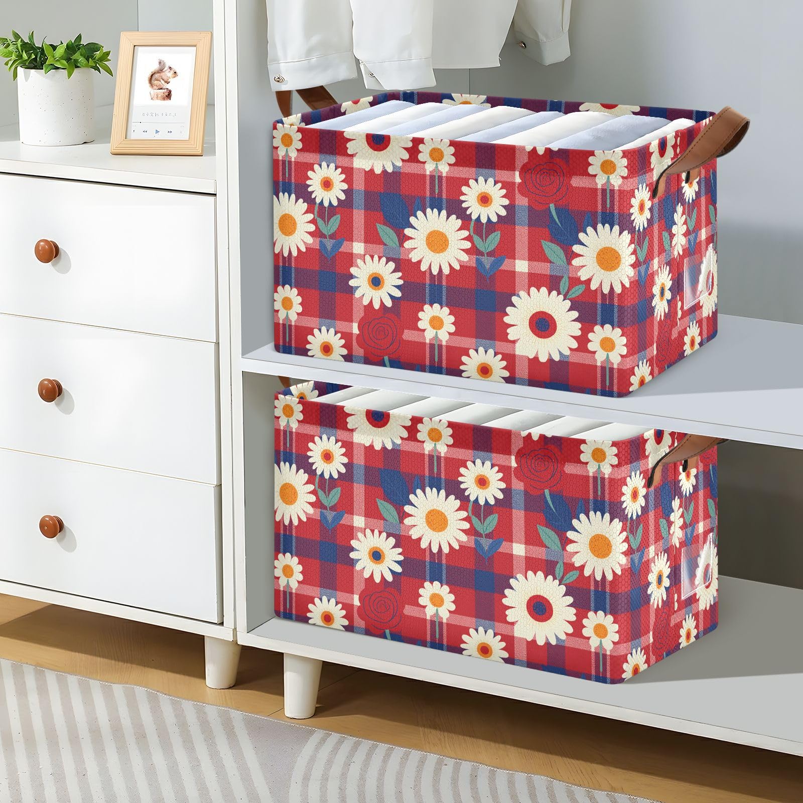 FRODOTGV Contenedores de almacenamiento abiertos para armario, dormitorio, cocina, diseño patriótico, tartán rojo, margarita, talla M