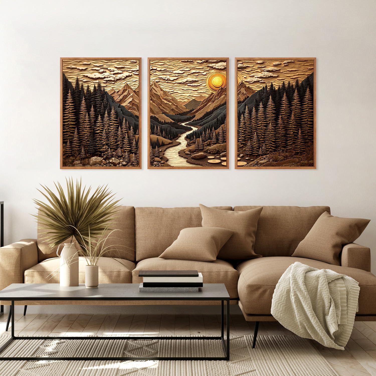 HPINUB Abstract Landscape Mountain Canvas Wall Art Set, Vibrant Sun Forest Pine Tree Wall Decor, Wilderness Nature River Rustic Scenery Art Print for Living Room,Bedroom,Office(Set of 3,12X16 Inch)