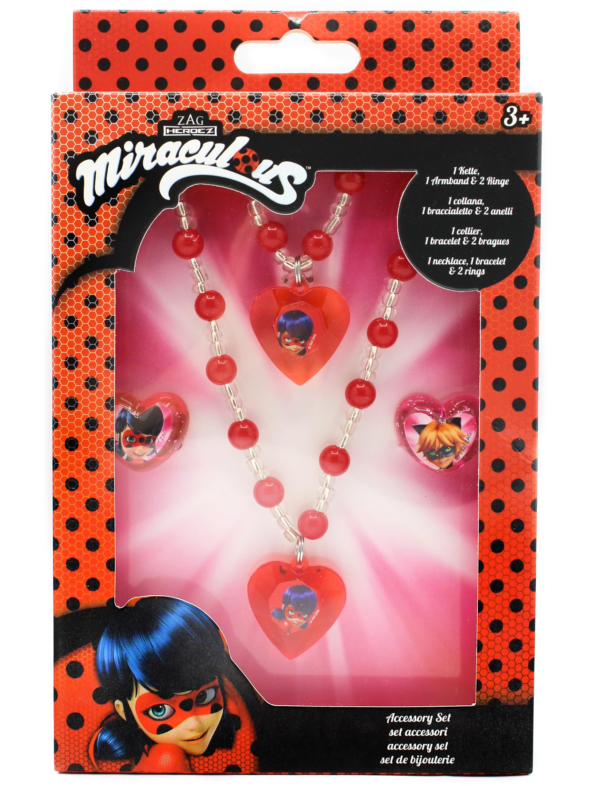 Joy Toy 65991 Miraculous zestaw biżuterii: 1 bransoletka z pereł, 1 naszyjnik z pereł i 2 pierścionki w opakowaniu prezentowym 12 x 4 x 18 cm
