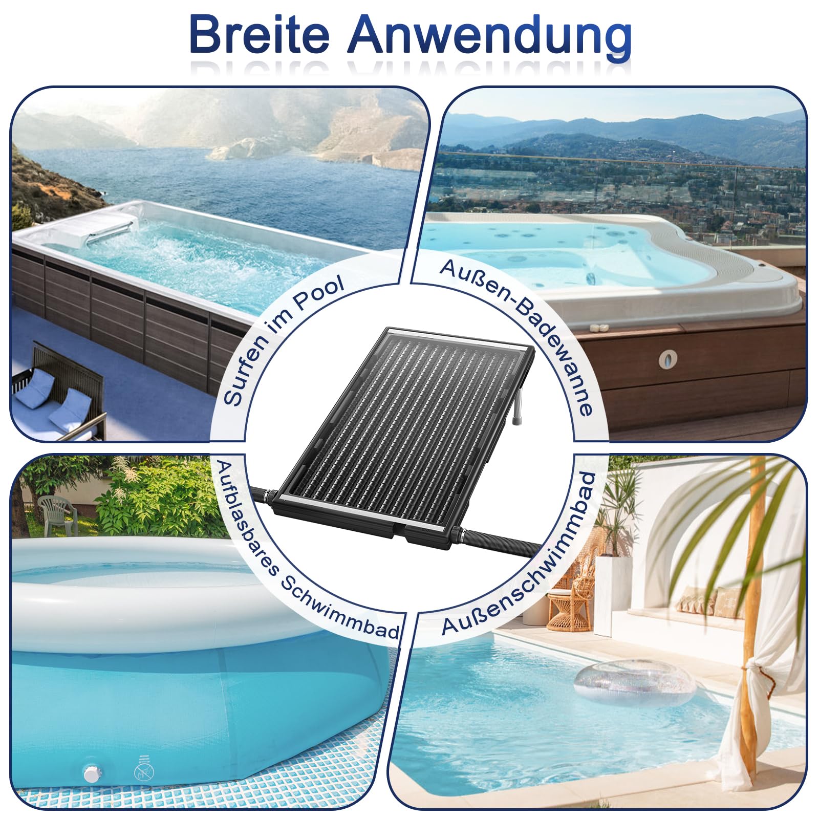 LZQ Riscaldamento solare per piscina con pannello solare, connettore per riscaldamento solare, diametro 50 mm, per acqua calda, piscina, doccia da giardino, 111,5 x 66 x 6,5 cm, nero, rettangolare, 3