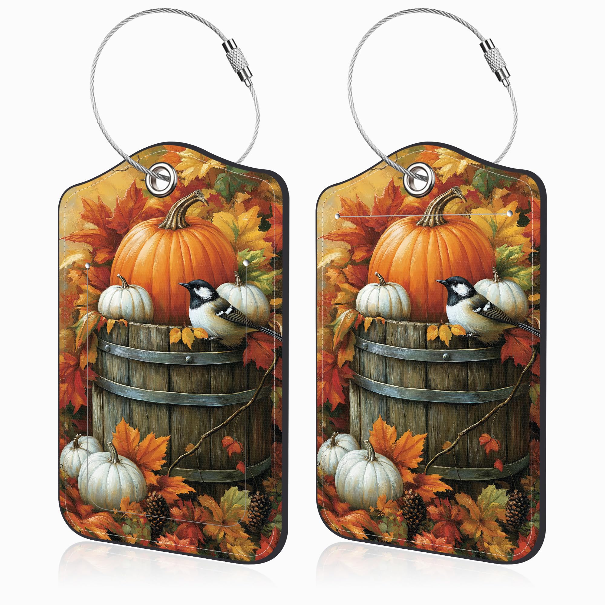 Mazumbuy Autumn Maple Leaves 2 Pack Luggage Tags for Suitcases Pumpkin and Bird Leather Luggage Tags Privacy Cover ID Label with Stainless Steel Loop