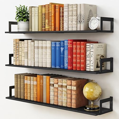 Harwaya Large Floating Book Shelves for Wall Set of 3, 36 Inch Long Wall Mount Bookshelf for Bedroom, Heavy Duty Wood Hanging Bookshelves for Books, Laundry Living Room Classroom Library -Black - Black