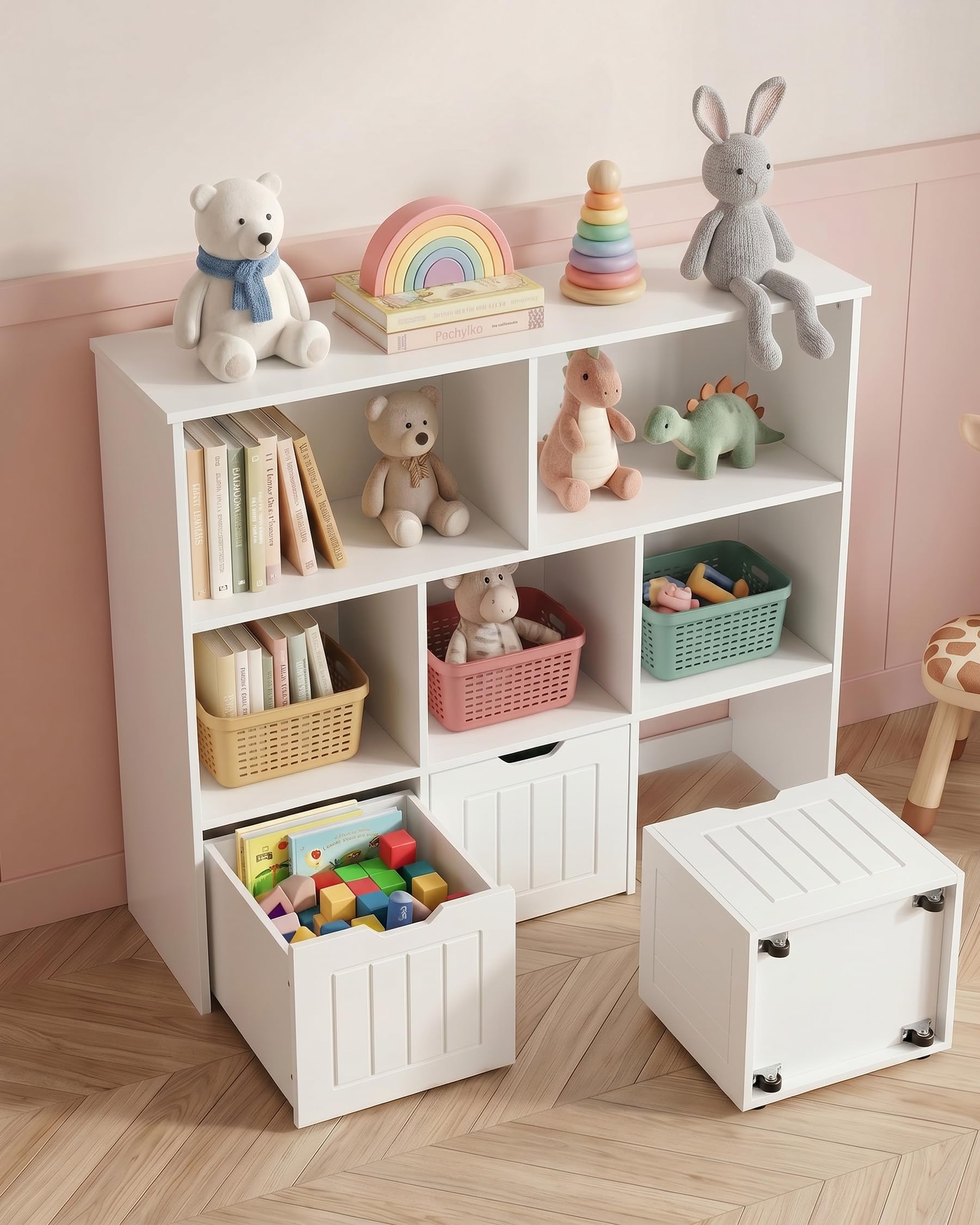 Bibliothèque Enfant avec 5 Compartiments, Meuble de Rangement Enfant avec 3 Tiroirs, Étagère Chambre Enfant, Rangement Jouet, Meuble Montessori, Blanc 100x33x89.5cm