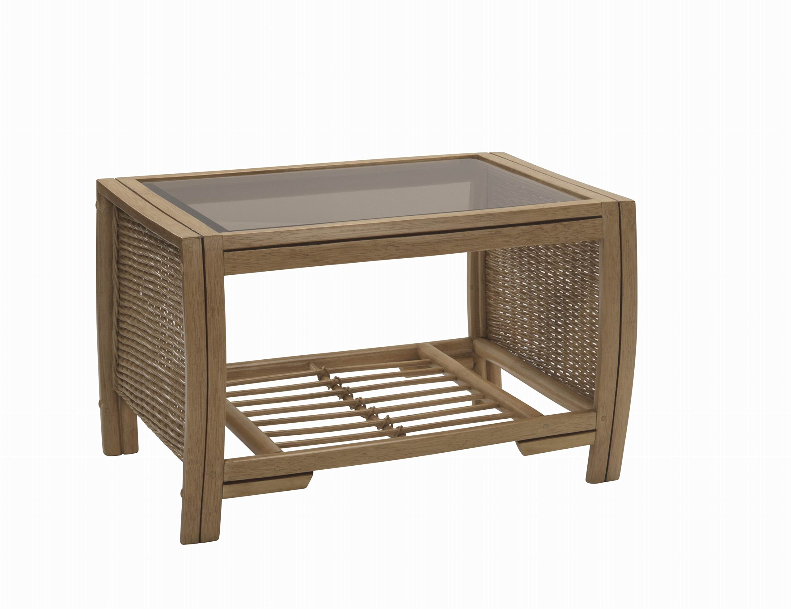 Desser Manila Coffee Table with Storage Shelf โ Glass Top Table with Light Oak Wicker Rattan Cane Pole Frame โ Luxury Indoor Conservatory or Living Room Furniture - H46cm x W73cm x D52cm