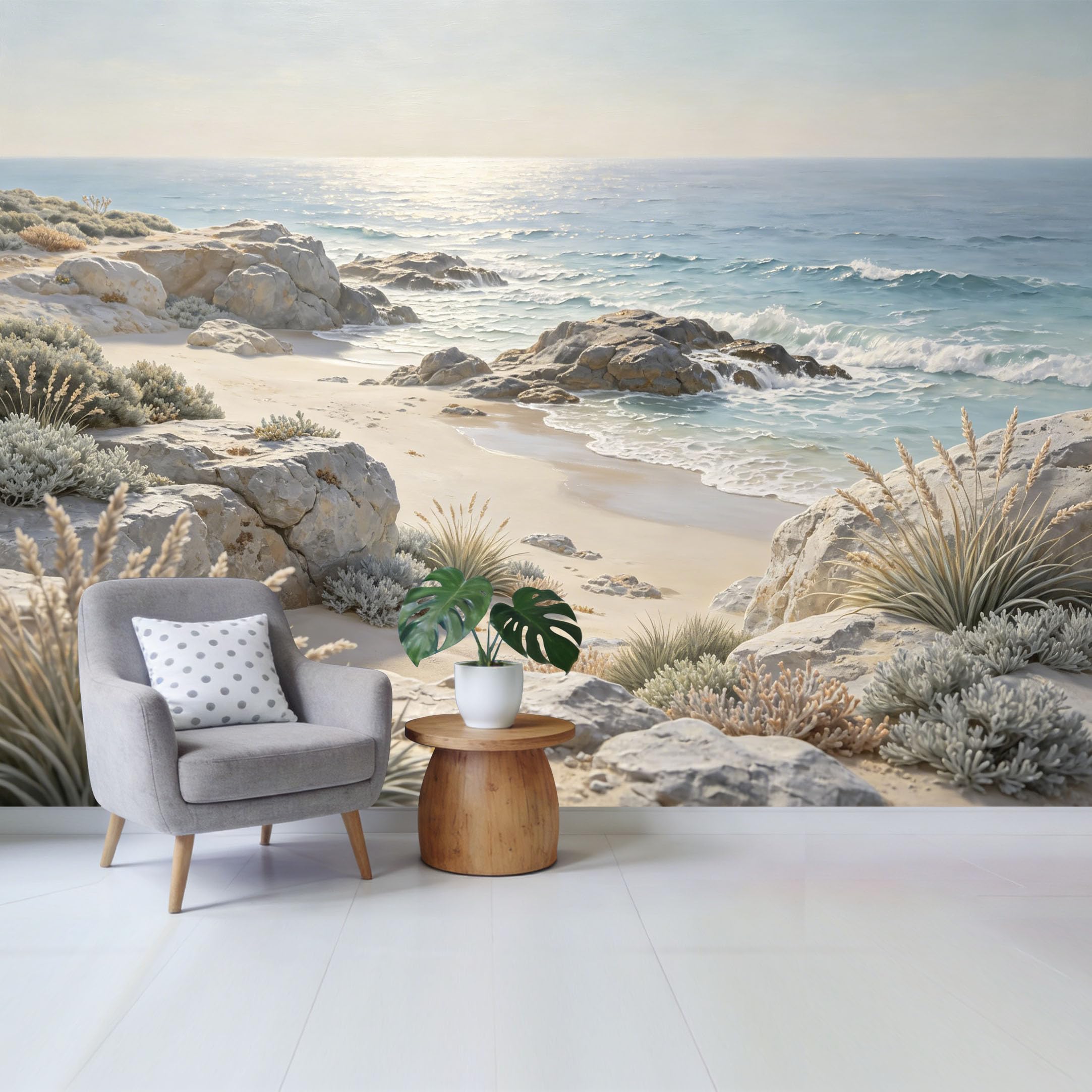 Custom Size Wall Mural Coastal Mediterranean Ocean Waves Rocky Beach Scenery Oil Painting Style SelfAdhesive Wall Fabric Removable Wallpaper for Home Office Decor
