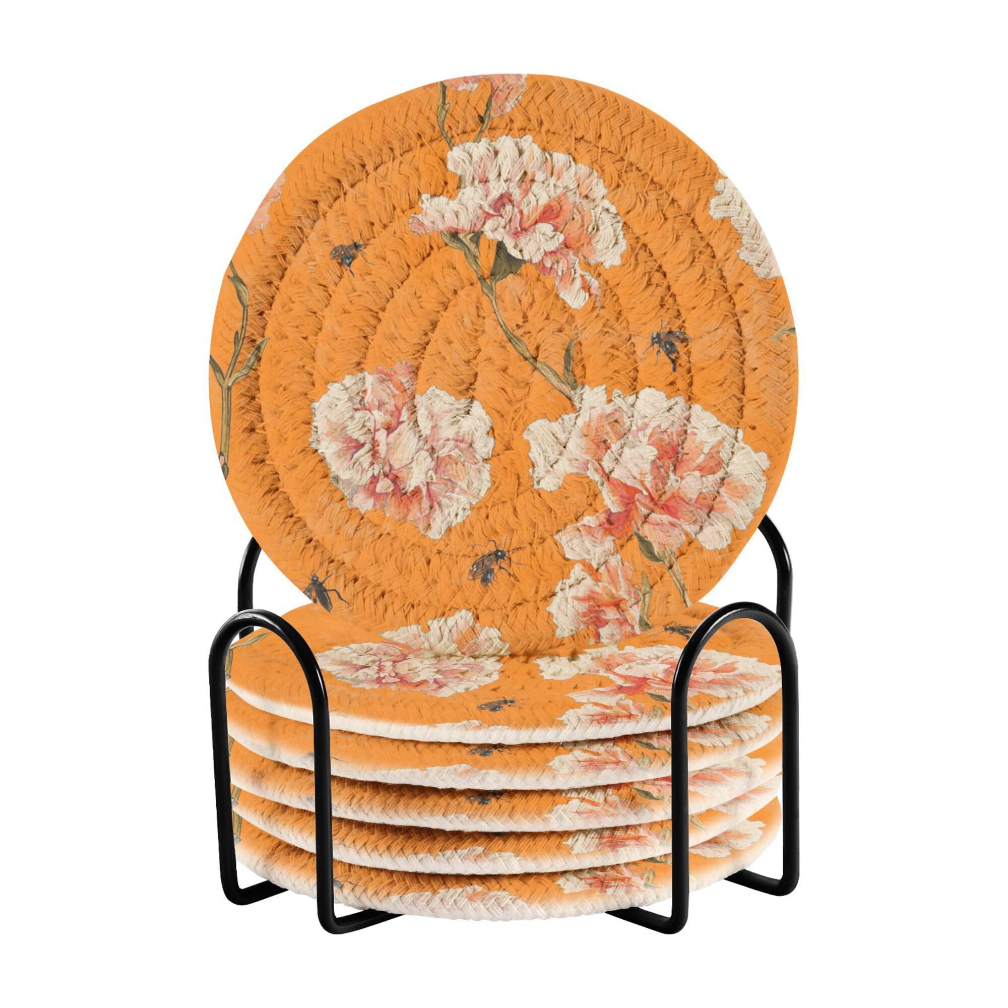 Chic Carnation Orange Cotton Rope Drink Coasters Absorbent Set with Holder 6 Pack Table Coasters