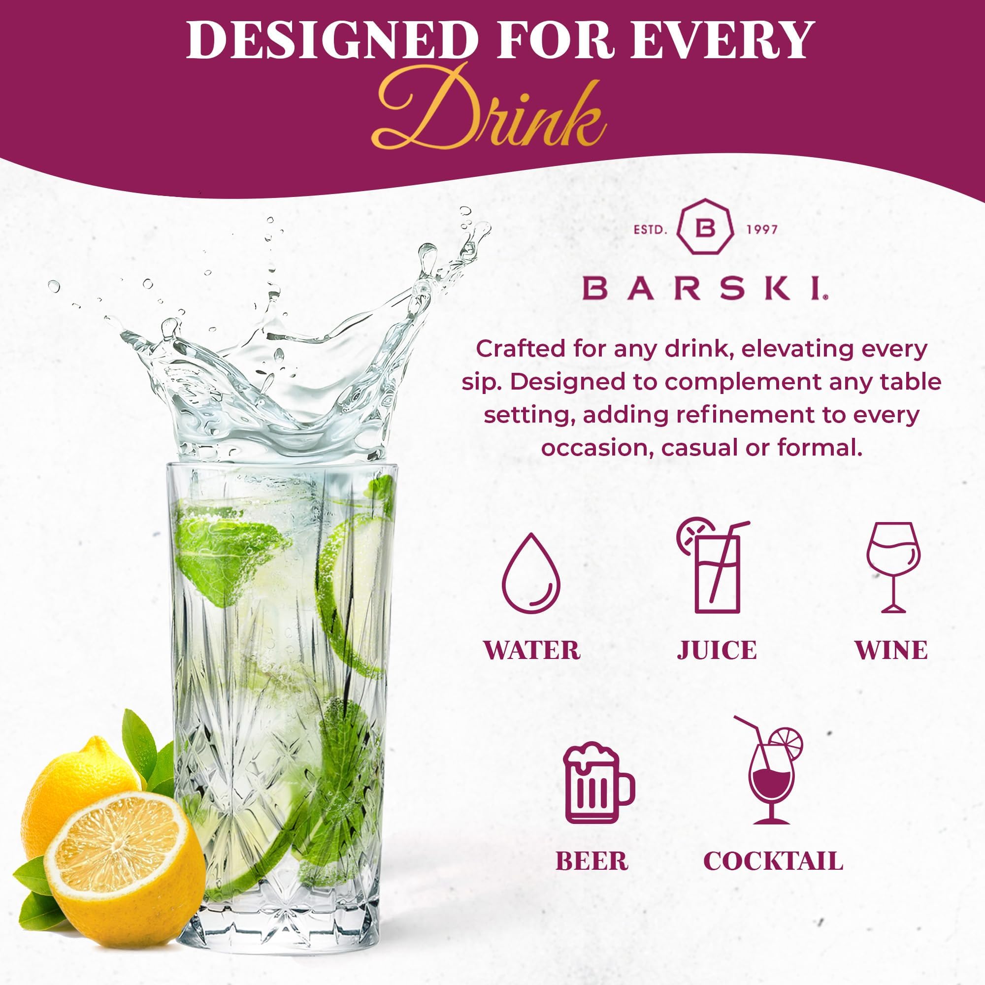 Barski Highball-Glas – Trinkgläser – 2er-Set – Hiball-Becher – Glaskristallbecher – für Wasser, Saft, Bier, gemischte Cocktails, Mojito-Glas, Tom Collins Bar Glaswaren, 340 ml, hergestellt in Europa