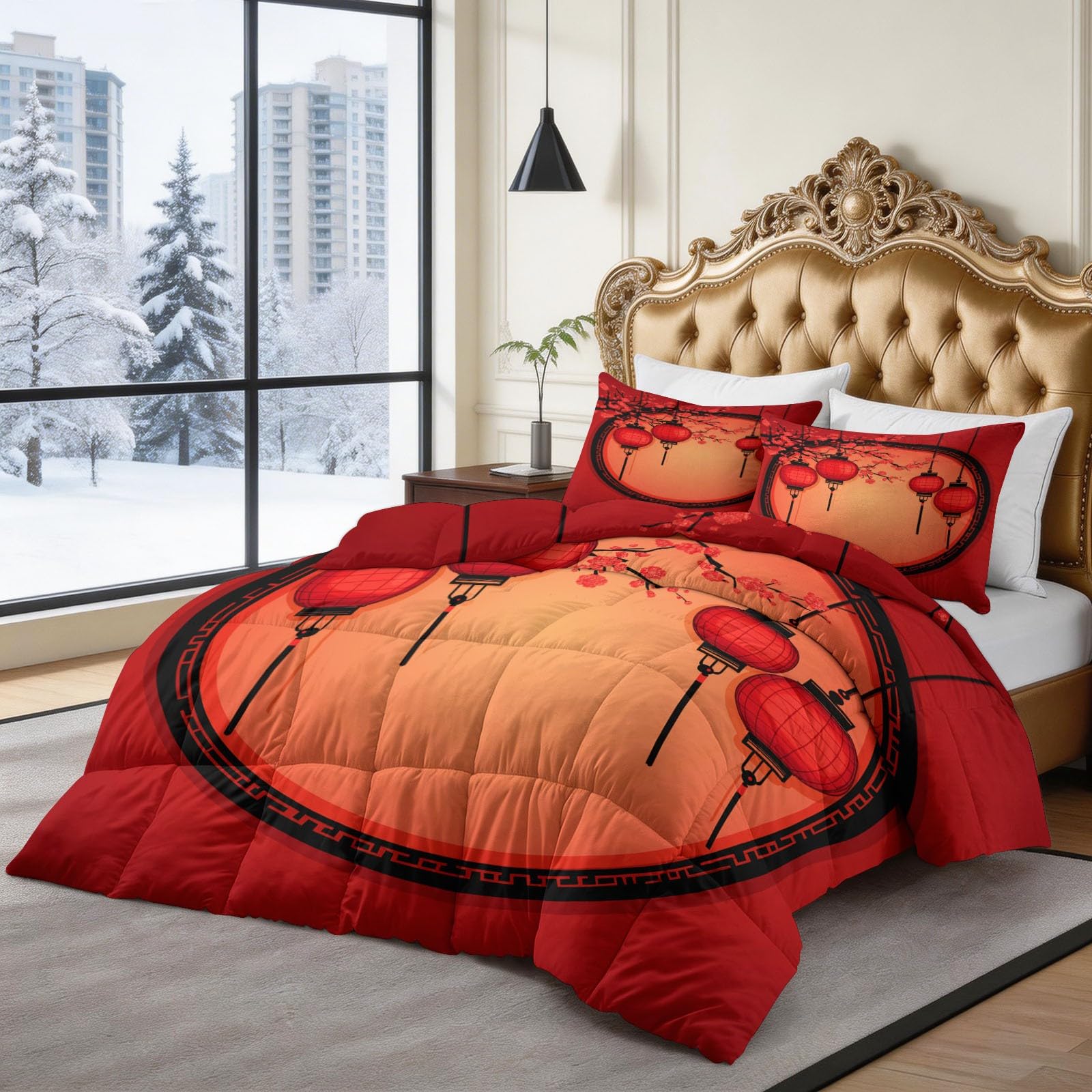 CozyRest Piumone Rosso per tutte le stagioni, 4 stagioni motivo Lanterna cinese - per chi soffre di allergie microfibra- 260x240 cm con 2 federa 50 x 80 cm