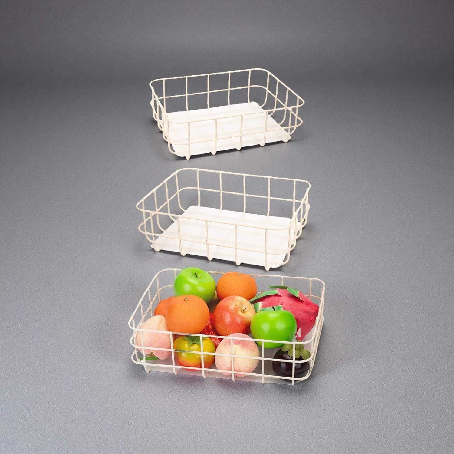 TIEYIPIN Metal Wire Food Storage Basket Organizer with Removable Plastic Liner, Food Storage Trays for Organizing Kitchen Cabinets, Pantry Shelf, Bathroom, Laundry Room - Set of 3 (White), Large