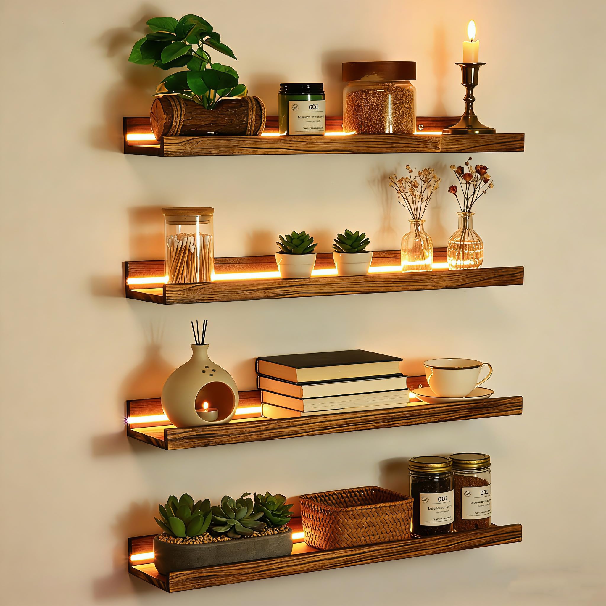 4 Stück Wandregal Floating mit LED Lichterkette — Regale Holzfarbe Wand 40cm