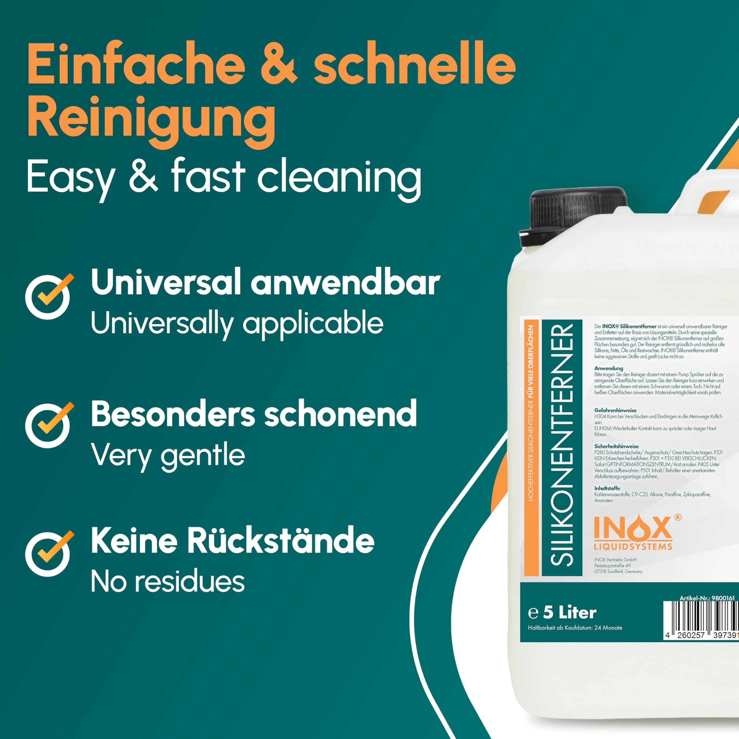 INOX® - Silikonentferner 2x5L IX400 | Der Silikonreiniger entfernt mühelos Fette, Öle & Silikon | Intensive Reinigung | Wachsentferner für Autolack | Besonders schonend