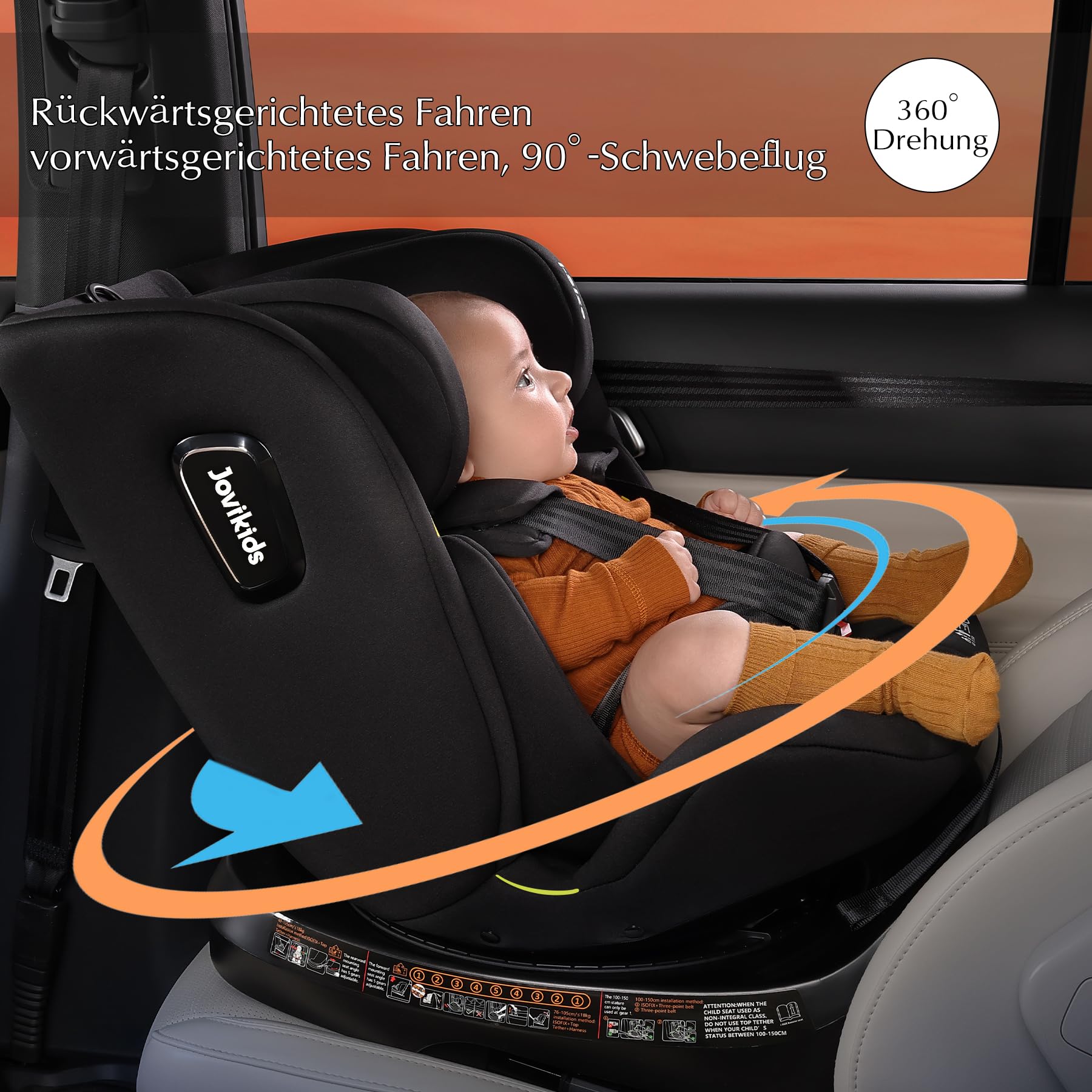 Jovikids 360° Drehbar Kindersitz mit ISOFIX und Ruheposition, i-Size(ECE R129) 40-150cm(0-36kg) Reboarder Baby Autositz, ab Geburt -12 Jahre (schwarz)