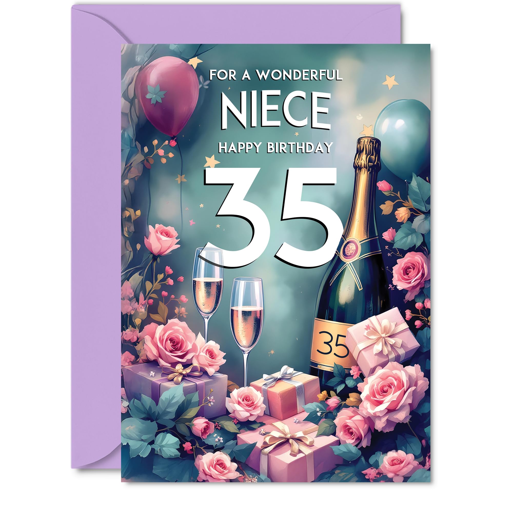 35th Birthday Card Niece, Pink Presents Champagne Bottle