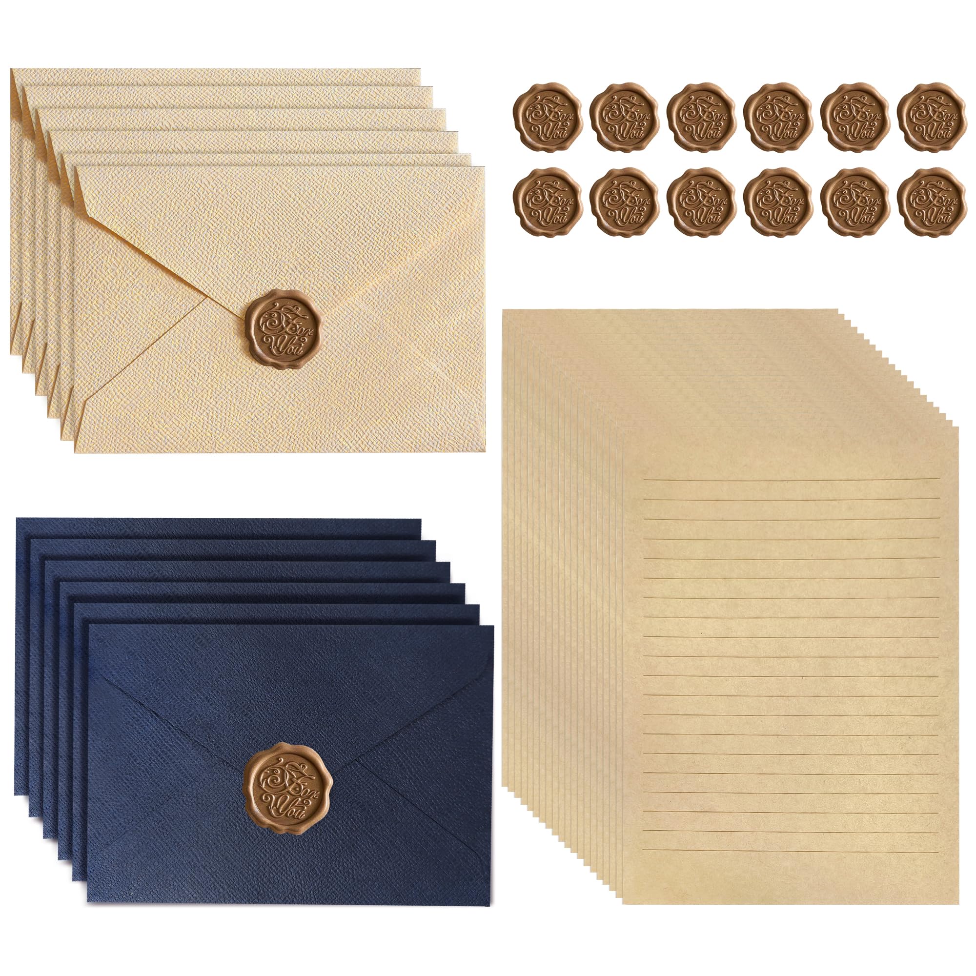 Vintage Letter Writing Set With 12 Blue White Envelopes And 24 Kraft Paper Sheets, Writing Paper And Envelopes For Love Letters, Invitations, Thank You Notes And Personal Correspondence In Retro Style