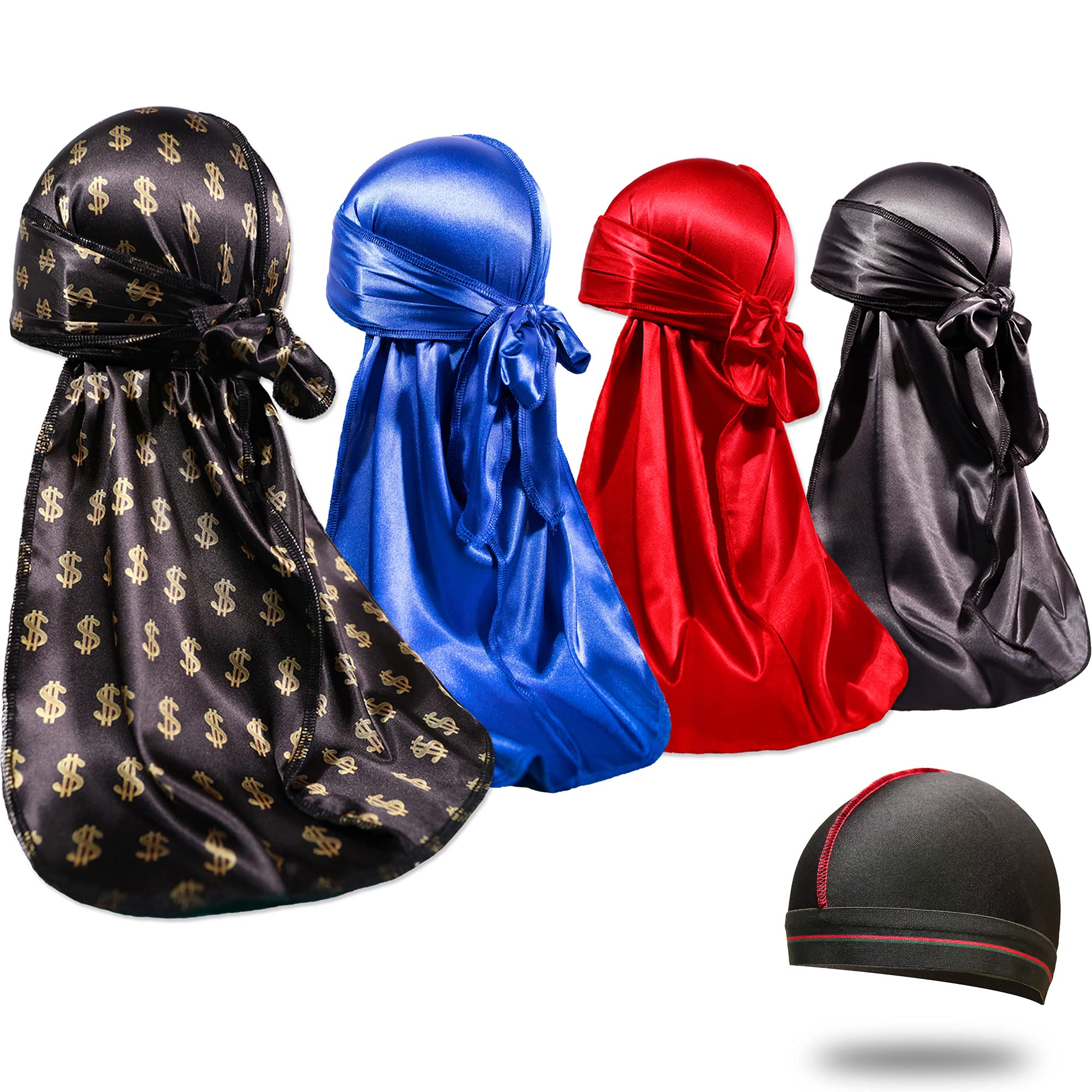 4PCS Silky Durags for Men 360 Waves, Designer Do Rag, 1 Wave Cap