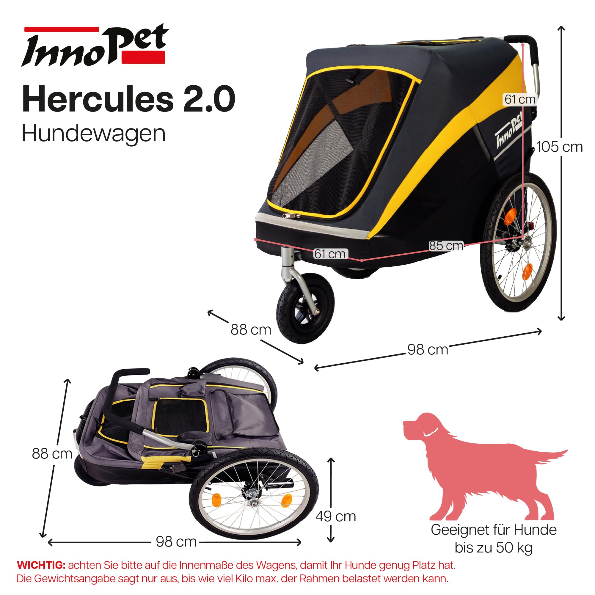 Großer Hundewagen - Innopet Hercules 2.0 Gelb/Grau - Heavy Duty Buggy Rahmen bis 50kg belastbar -inkl. Regenschutz - hintere 45cm Luftreifen/vorne pannensicheres EFA Rad - ohne Werkzeug aufzubauen