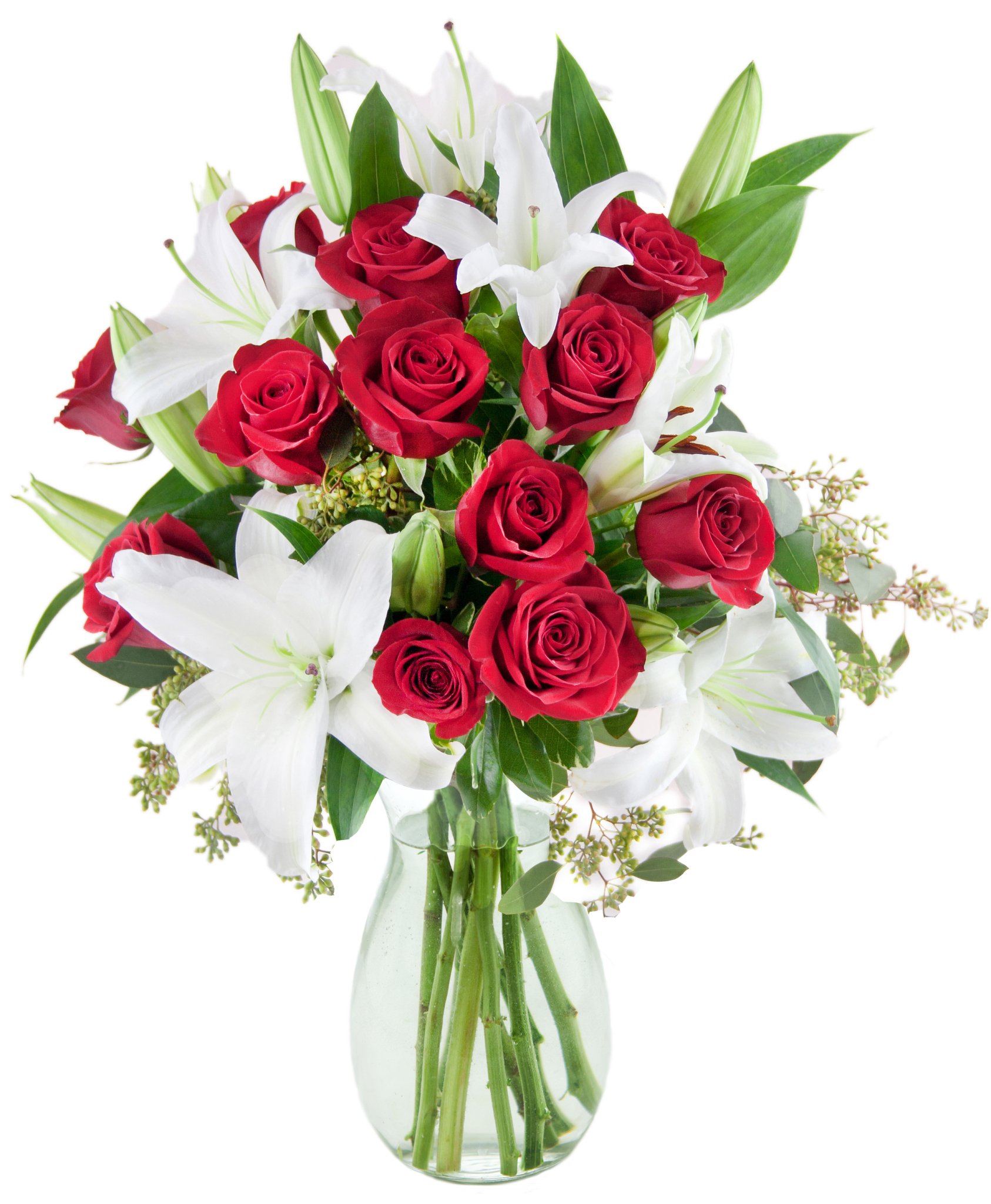 KaBloom PRIME NEXT DAY DELIVERY - Bouquet of 12 Red Roses and 5 White Oriental Lilies Greens with Vase.Gift for Birthday, Sympathy, Anniversary, Thank You, Valentine, Mother’s Day Fresh Flowers
