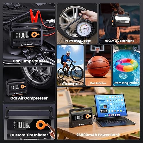 Miniatura 2 de Arrancador de batería de coche 9 en 1 6000A con compresor de aire 26800mAh, caja de salto portátil de 150PSI 12V con inflador de neumáticos de