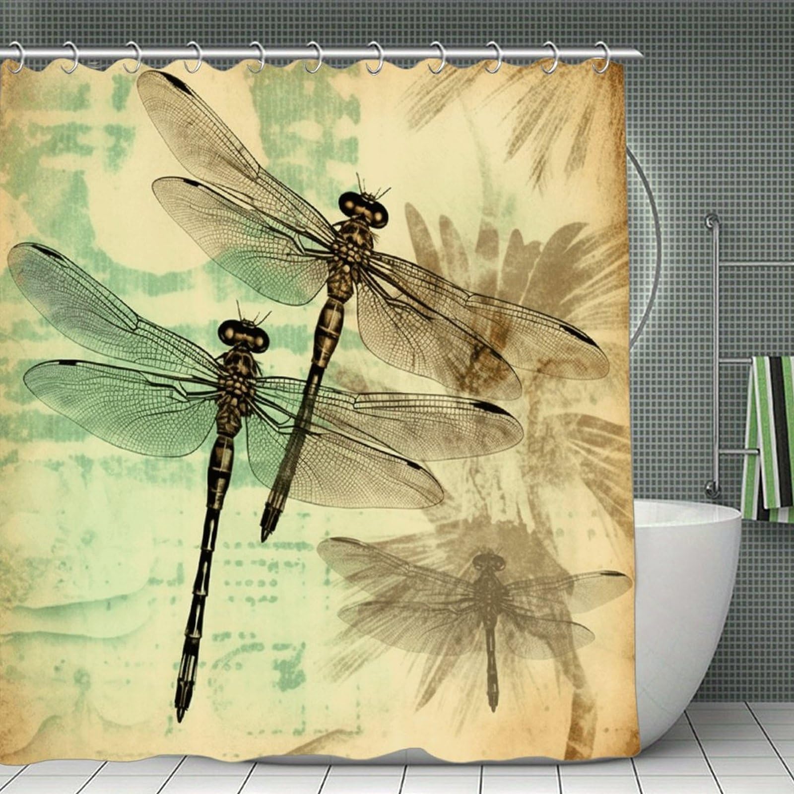 VstaDank Dragonfly Dragonflies Vintage Shower Curtain Waterproof Bathroom Shower Curtain with C Type Hooks Soft Lightweight Shower Curtains Liner Washable Polyester Cloth Shower Liner 71x71 Inch
