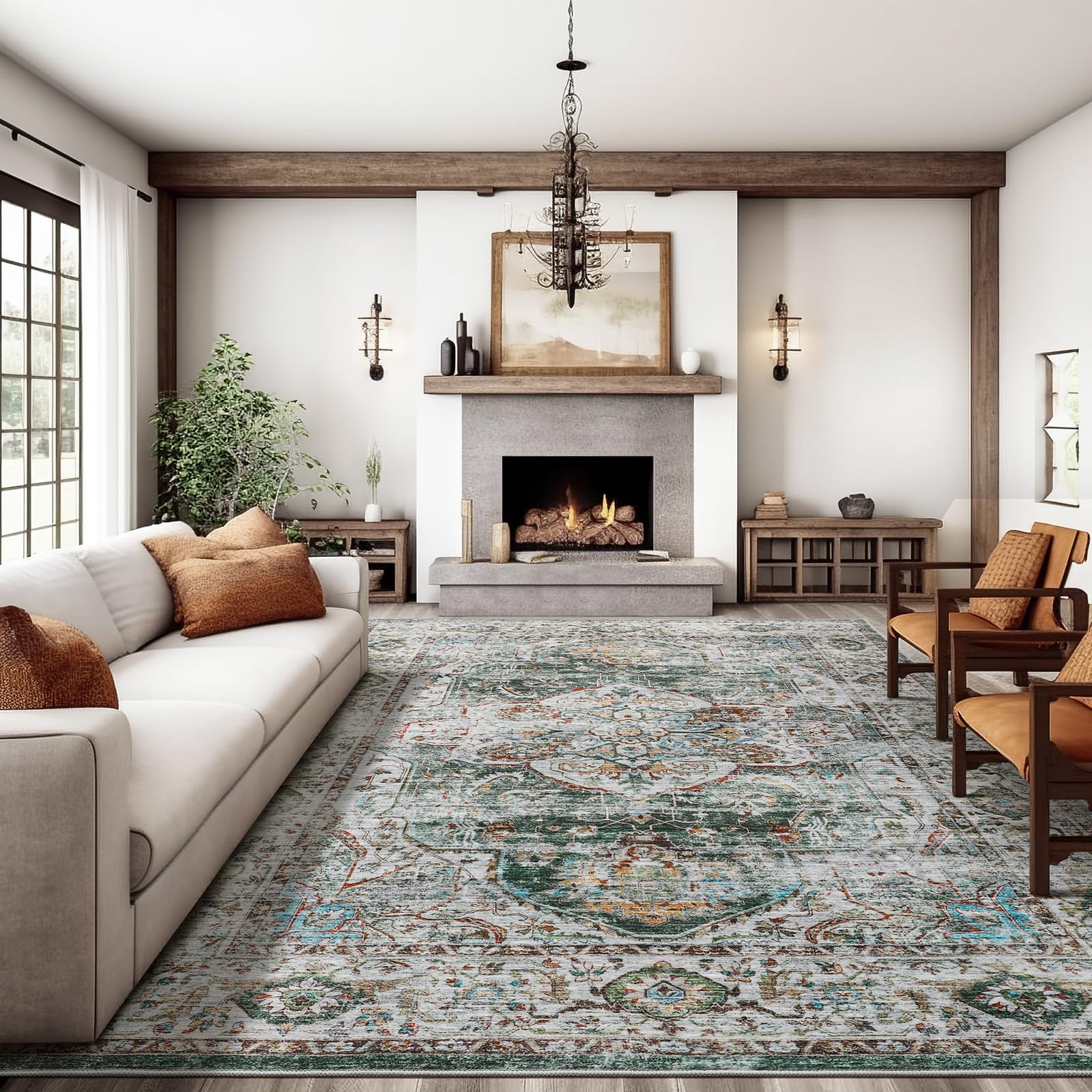 10x14 Area Rugs,Ultra-Thin Washable Rugs for Living Room,Non-Slip Lightweight Foldable Area Rug,Stain Resistant Vintage Large Rugs (Green,10'x14')