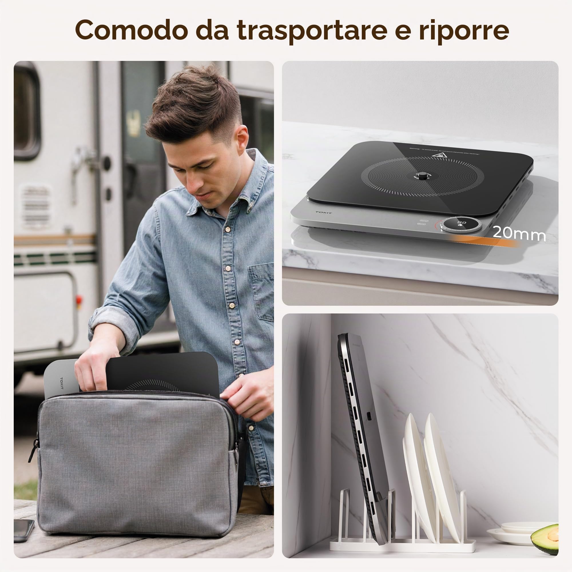 TOKIT Piastra Di Cottura A Induzione, Fuoco A 99 Livelli, Manopola+Controllo A Sfioramento,2100 W, Con Display Oled, Timer, Sensore Di Temperatura Ultra Sottile Da 20 Mm Controllo Tramite App
