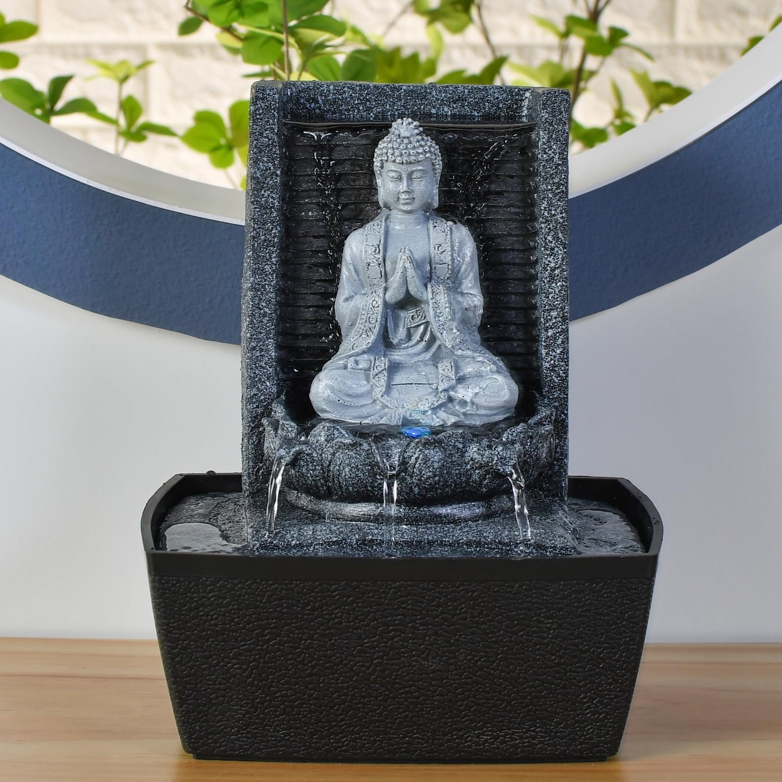 Fontaine d’Intérieur Bouddha Mur d’Eau Cascade Lotus Lumière LED Blanc – Déco Zen Salon Chambre Feng Shui - Fontaine de Table Circuit fermé - Cadeau Utile– H 26cm – Nirvana Zen’Light