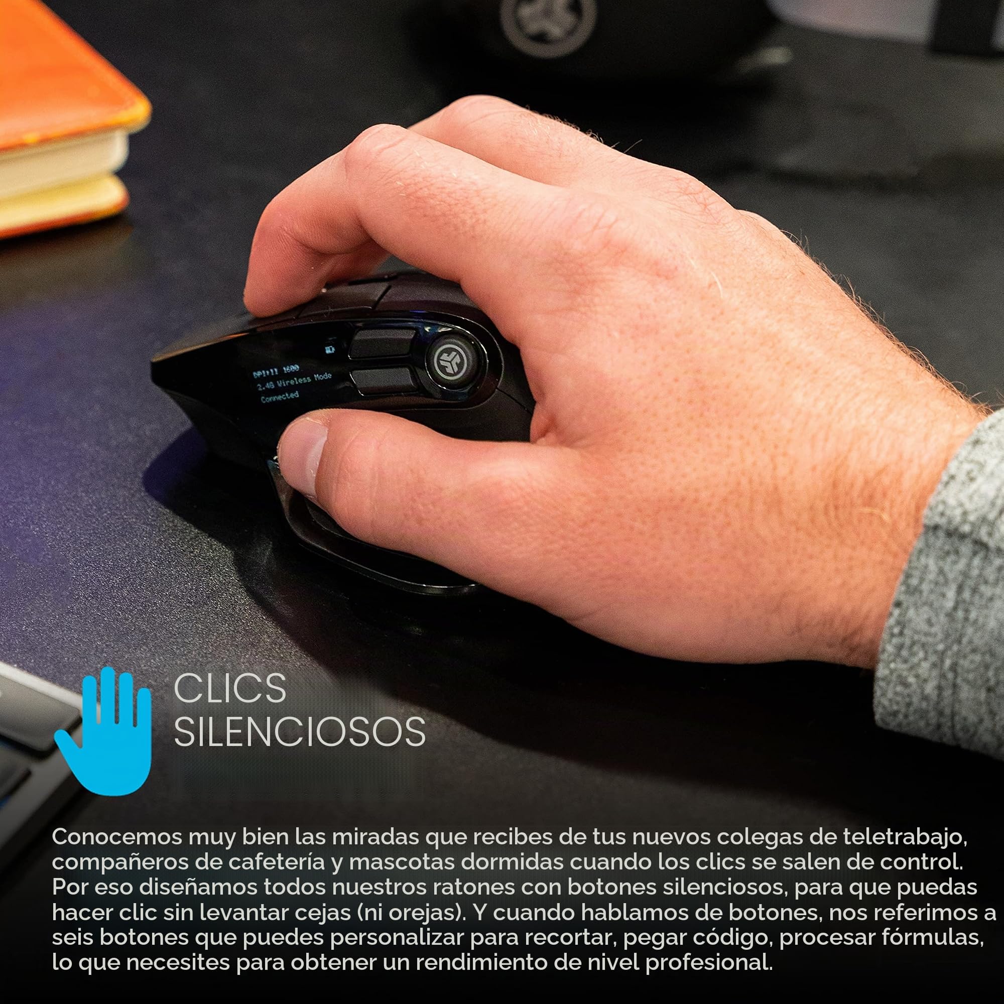 JLab Ratón Inalámbrico Epic - Bluetooth o USB, Ergonómico Recargable | Conexión Bluetooth o Receptor USB, Multidispositivo, Silencioso, Compatible con Ordenador/portátil/Tableta/PC/Windows/Mac