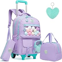 Rolling Backpack with Lunch Box and Pencil Case for School, Girls Modern Leopard Print Daypack Backpack with Wheels, 17"X11.8"X7.4", 20L, Black