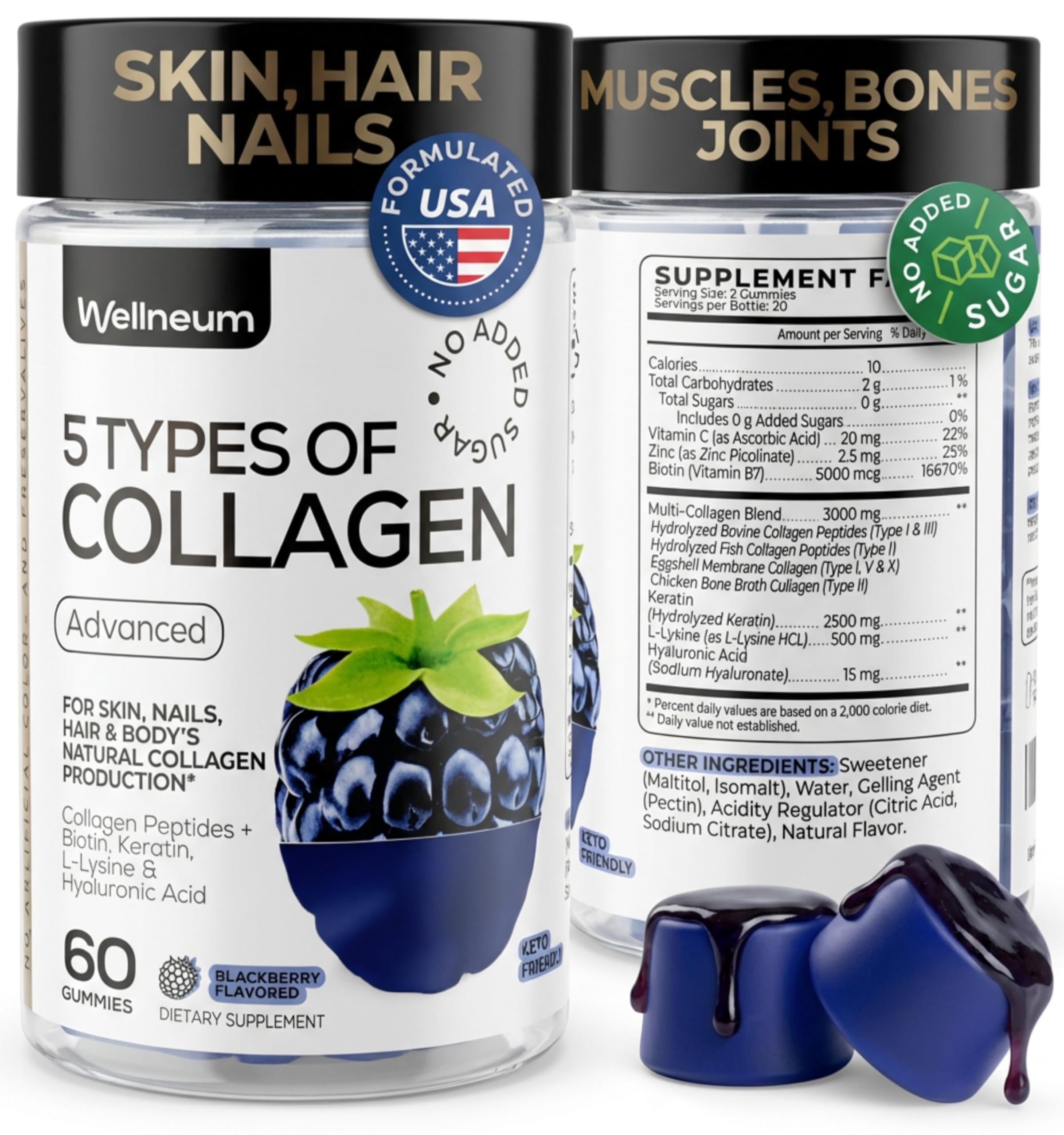 Collagen Peptides Gummies Sugar Free, 3000mg Multi Collagen Blend + 2500mg Keratin + 5000mcg Biotin, with Vitamin C, Zinc & Hyaluronic Acid, Natural Source, 60 Gummies (30 Servings)