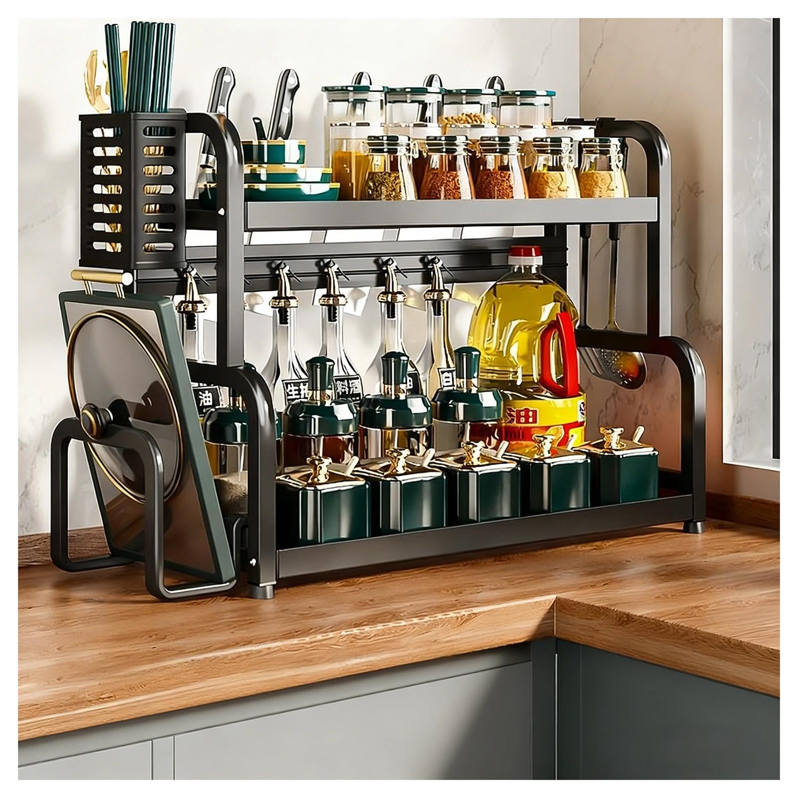 HADECOLL Sturdy Rust-Free Metal Spice Rack With Knife Holder, Freestanding Large Spice Tray With Hooks And Utensil Holder, For Kitchen Counter, Office, Living Room,Black-2 Tier-19.7