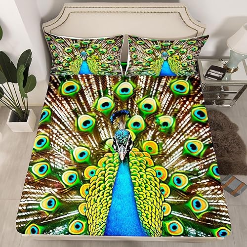 Vista 2 de Juego de sábanas de pavo real tamaño Queen, juego de ropa de cama de plumas de pavo real para niños, niñas, niños y adolescentes, juego de sábanas