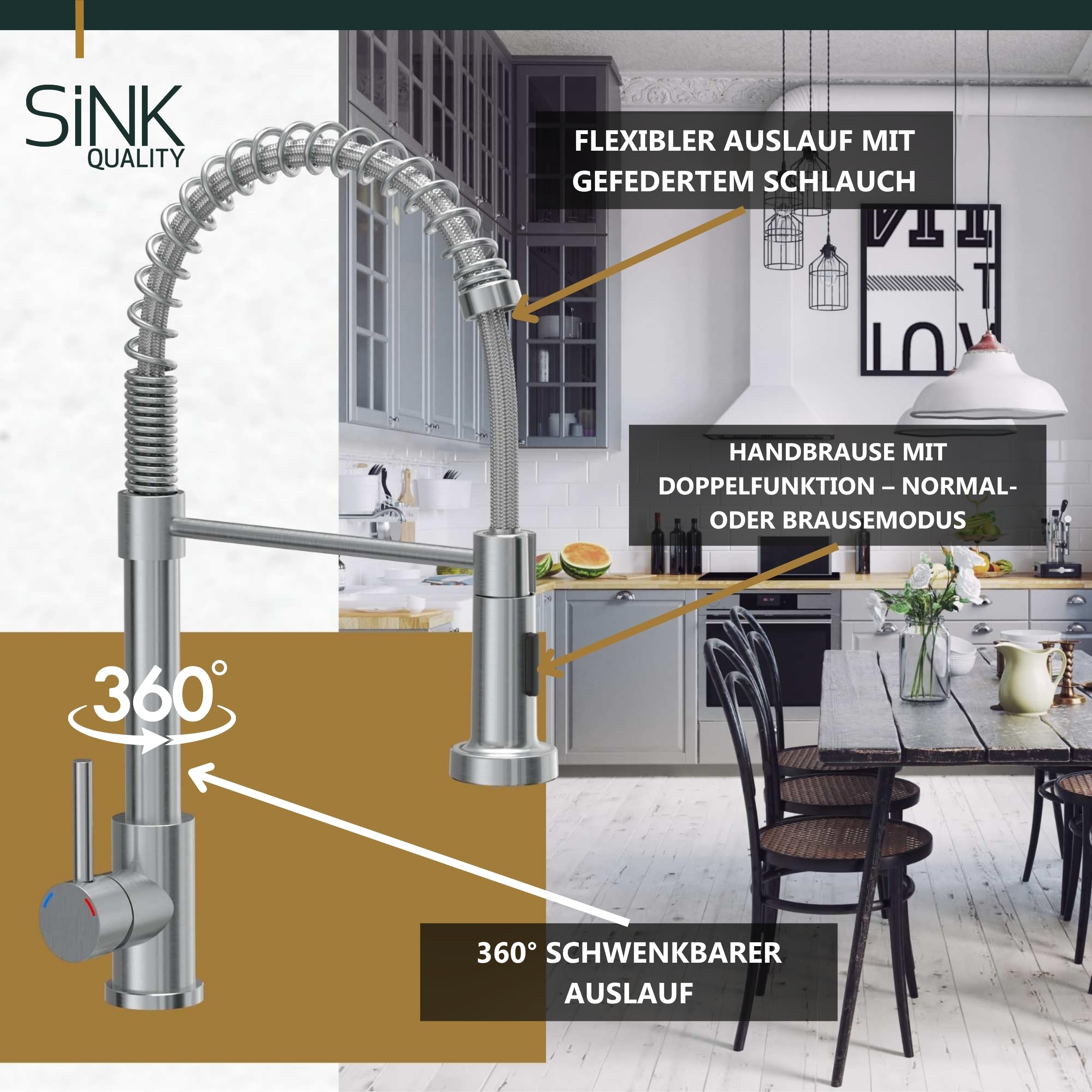 SINK Quality zlewozmywak szary z zestawem armatury 68 x 49,5 cm – zlewozmywak z kranem, syfonem Push i środkiem impregnującym – kompletny zestaw do szafki pod umywalkę z 45