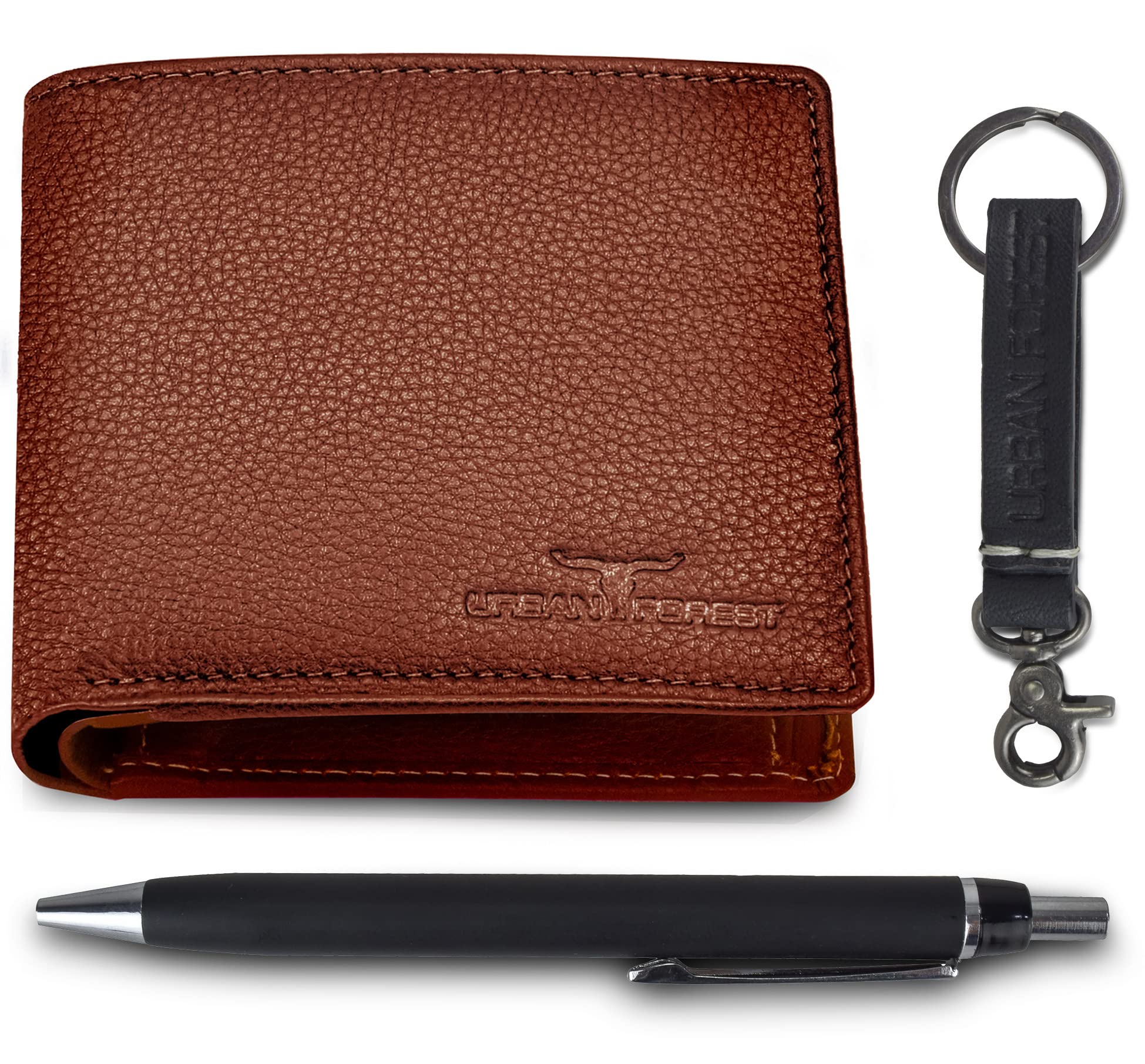 URBAN FOREST Marty Redwood Leather Wallet + Pen + Keyring Combo Gift Set for Men