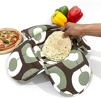 Swayam 100% Cotton Geometric Design Printed Brown and Green Colour Bread/Roti Basket | Size: 22 cms Diameter with Removable Cover | Pack of 1
