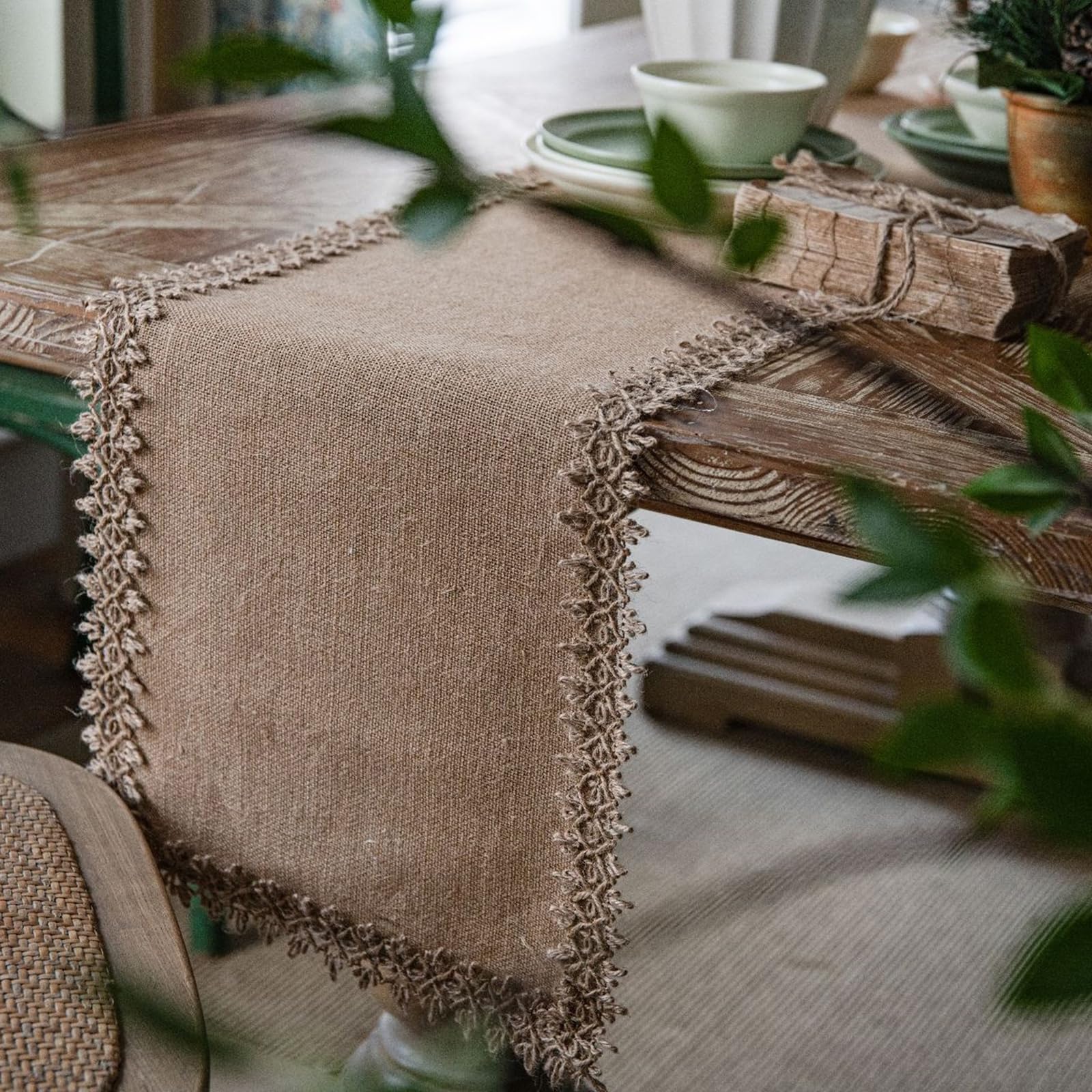 Moderne Tischläufer Wohnzimmer Jute, Tischläufer Hochzeit 30x220 cm, Uni Gewebt mit Quasten