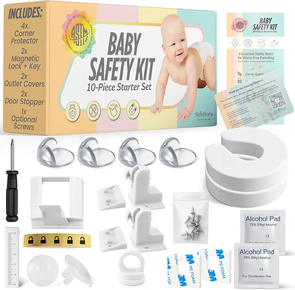 SafeBorn Baby Safety Kit – Baby Proof Cabinet Locks, Magnetic Cabinet Locks, Child Safety Outlet Covers, Table Corner Covers Baby Safety – Drawer Locks Baby Proofing – Gifts for New Mom