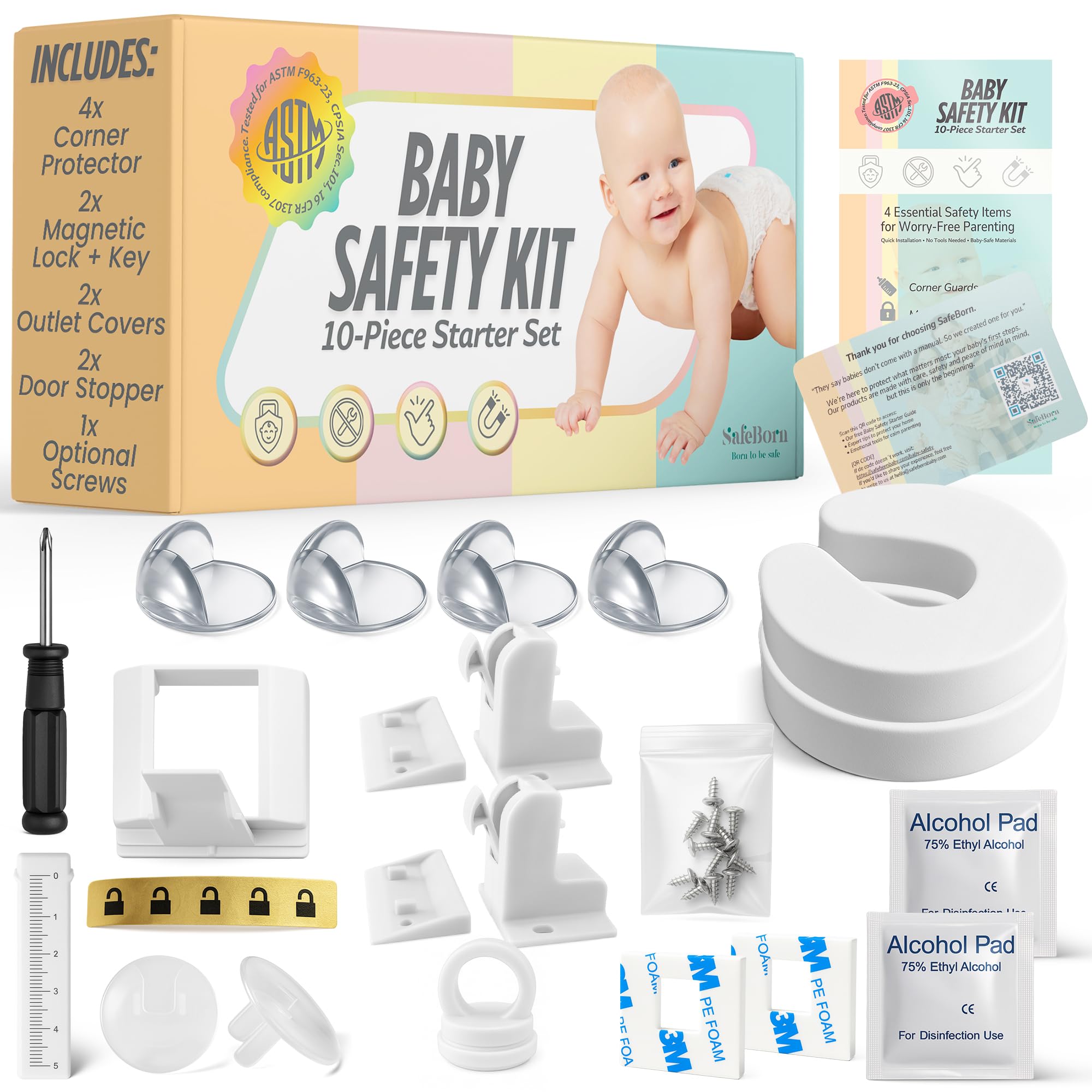 Kit di sicurezza per bambini – Serrature per armadi a prova di bambino, coperture per prese di sicurezza per bambini e protezioni angolari – installazione senza trapano mantiene i bambini al sicuro