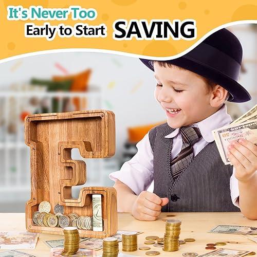 Miniatura 2 de SummiDate Alcancía de madera de letra para niños y niñas, Alfabeto, personalizada, regalo de cumpleaños y pascua para niños (E)