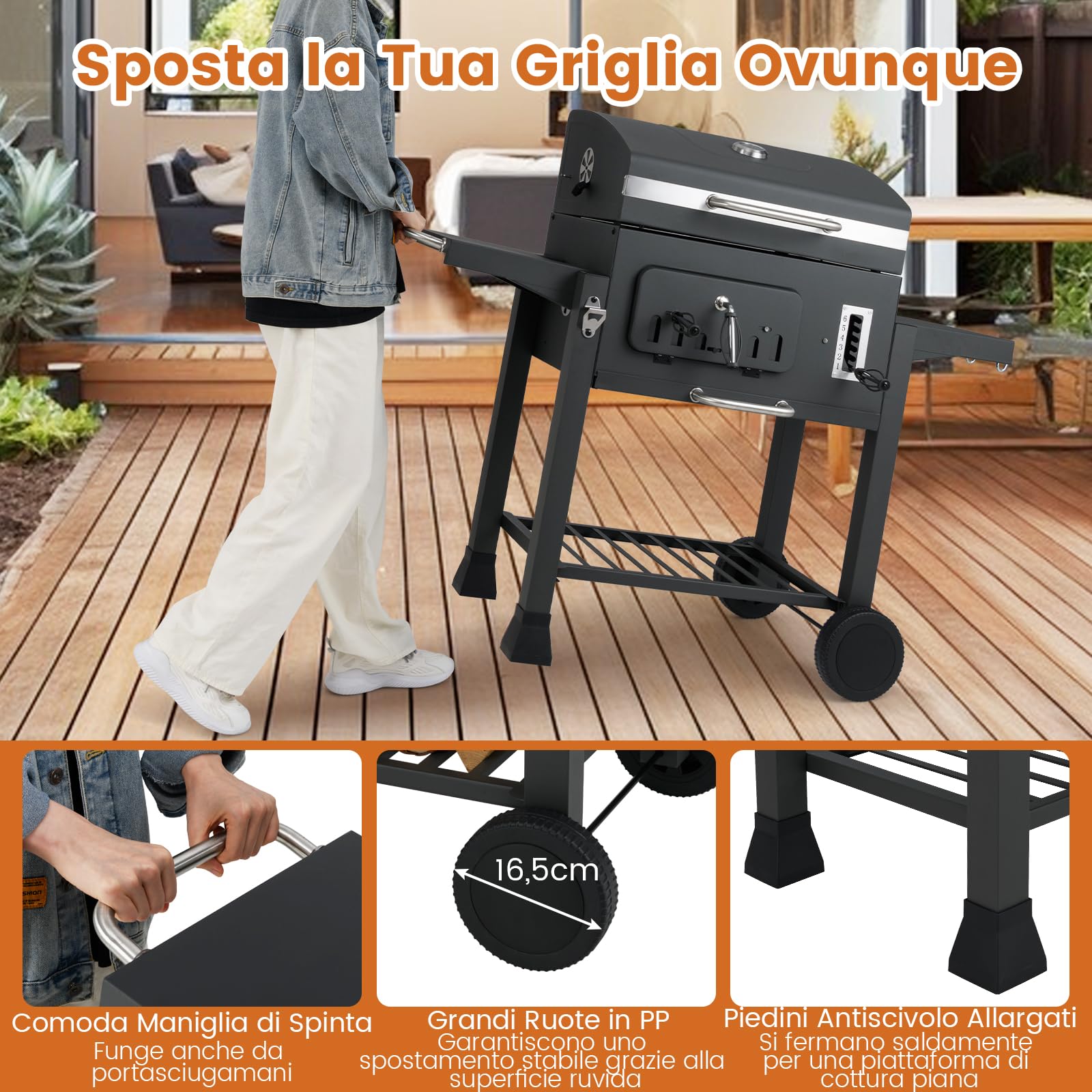 COSTWAY Barbecue a Carbone da Esterno con Ruote, Barbecue a Carbone Portatile con 2 Tavolini Pieghevoli, Vassoio del Carbone Regolabile a 6 Livelli e Ripiano di Stoccaggio, per Campeggio, Picnic
